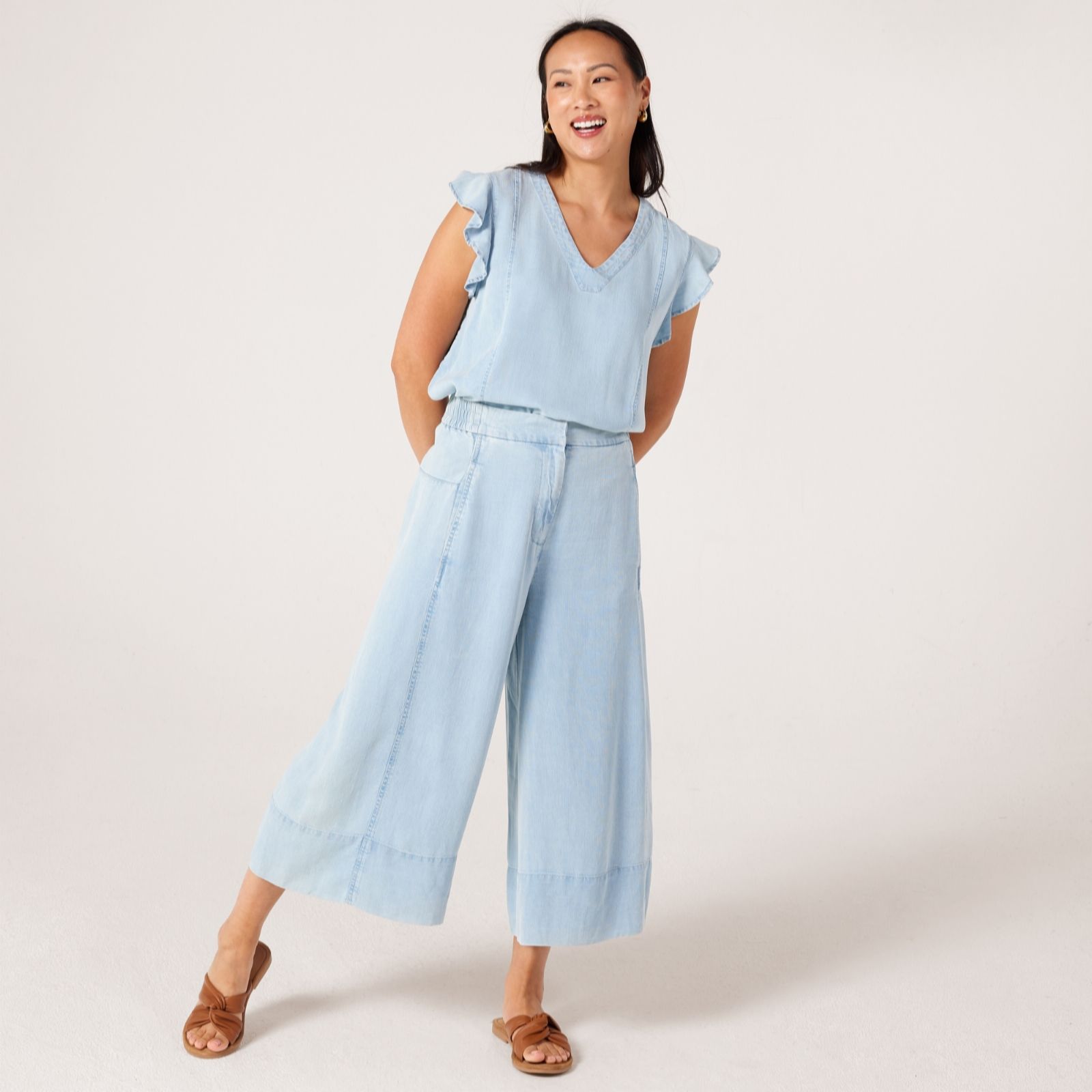 Masai Copenhagen Light Denim Portia Soft Denim Loose Cropped Pull On Trousers