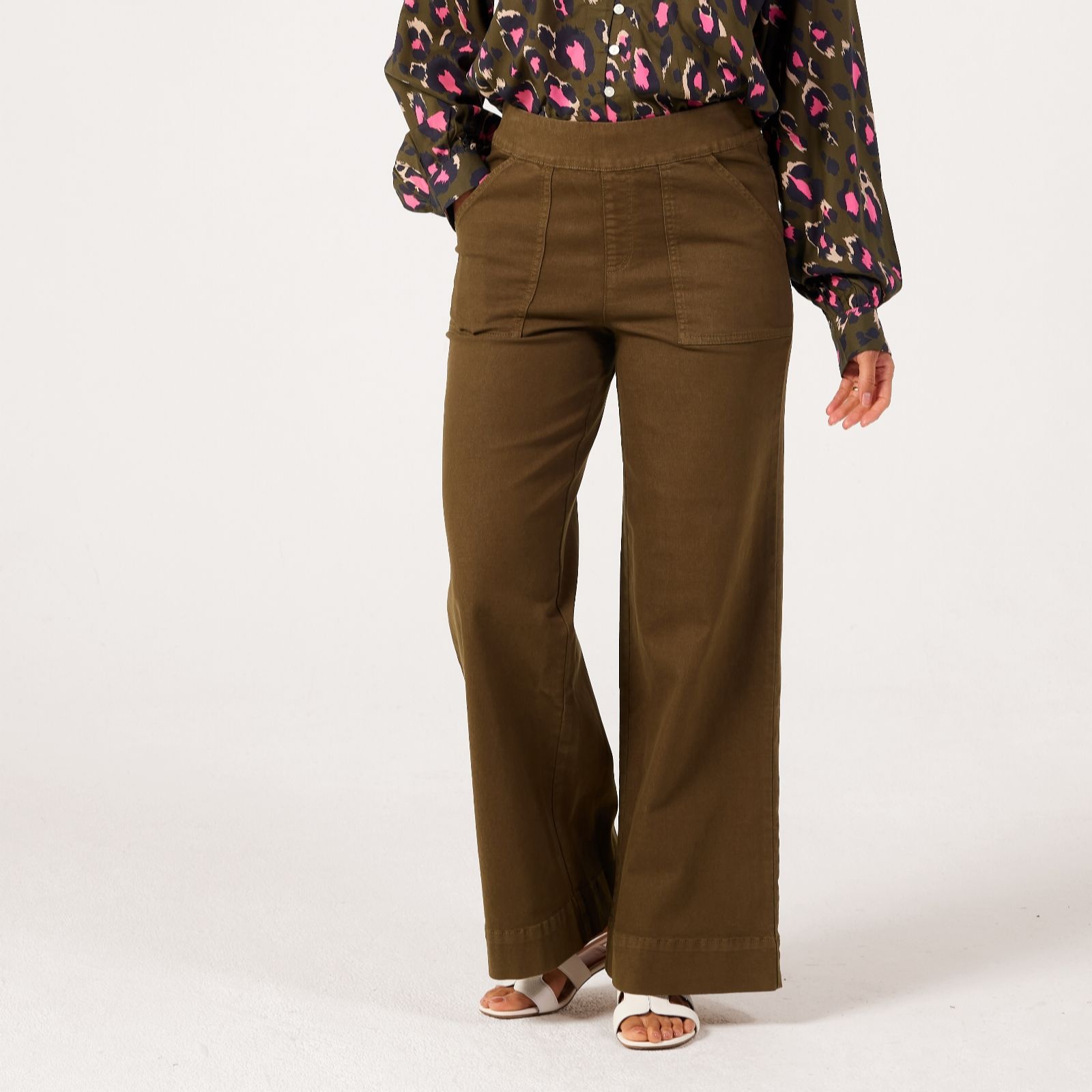 Nina Leonard Dark Olive Wide Leg Denim Standard Trousers With Pockets