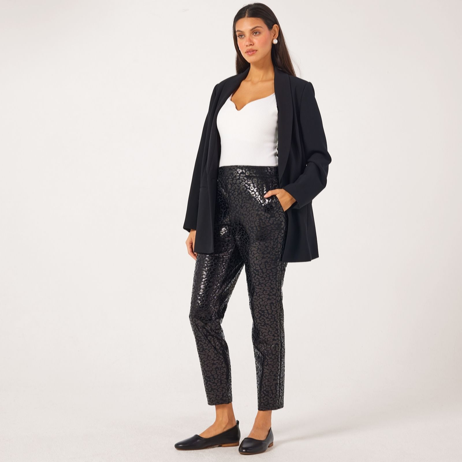 Nina Leonard Black Multi Scuba Suede Narrow Leg Trousers Petite
