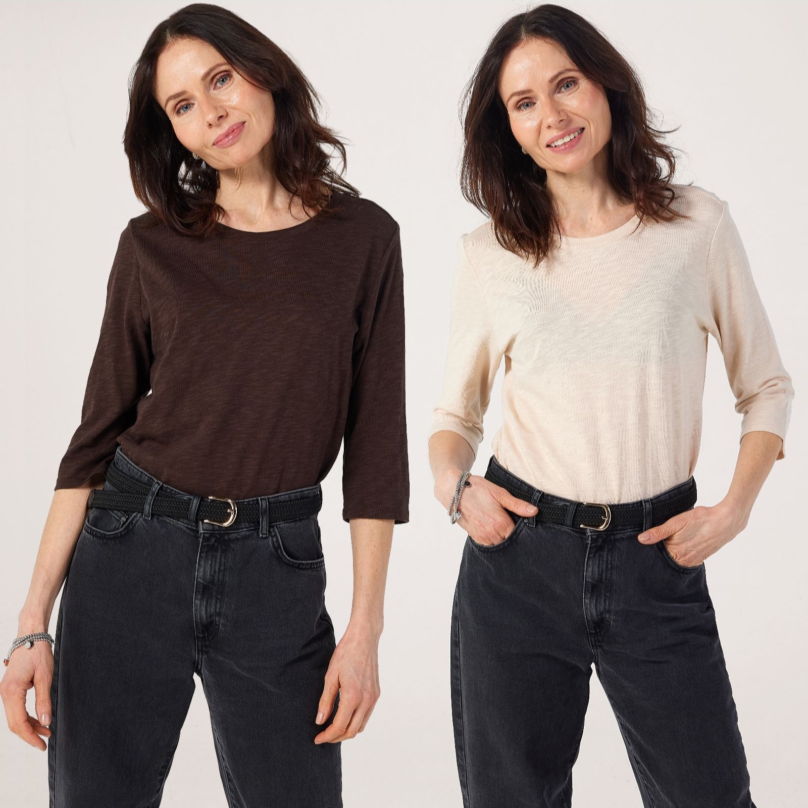 Denim & Co. Dark Chocolate,Tapioca Denim & Co 2 Pack Linen Blend Round Neck Top