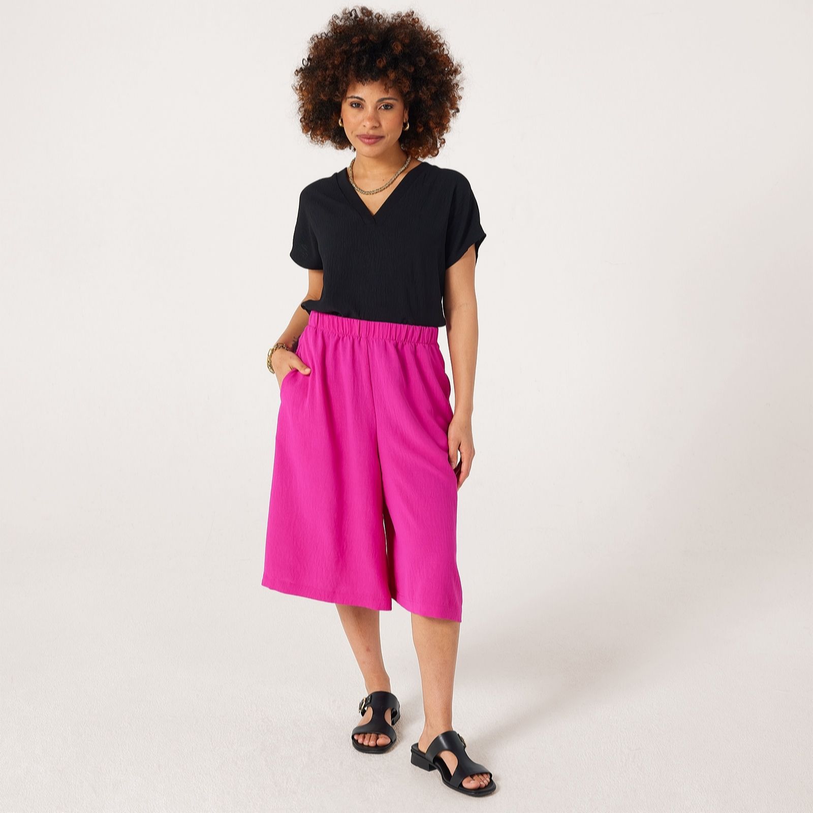 Kim & Co Black Crinkle Poplin Elastic Waist Knee Length Standard Culottes