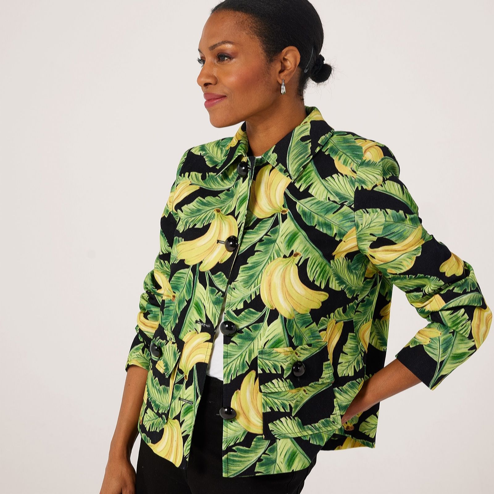 Helene Berman Black 100% Cotton Denim Banana Print Jacket