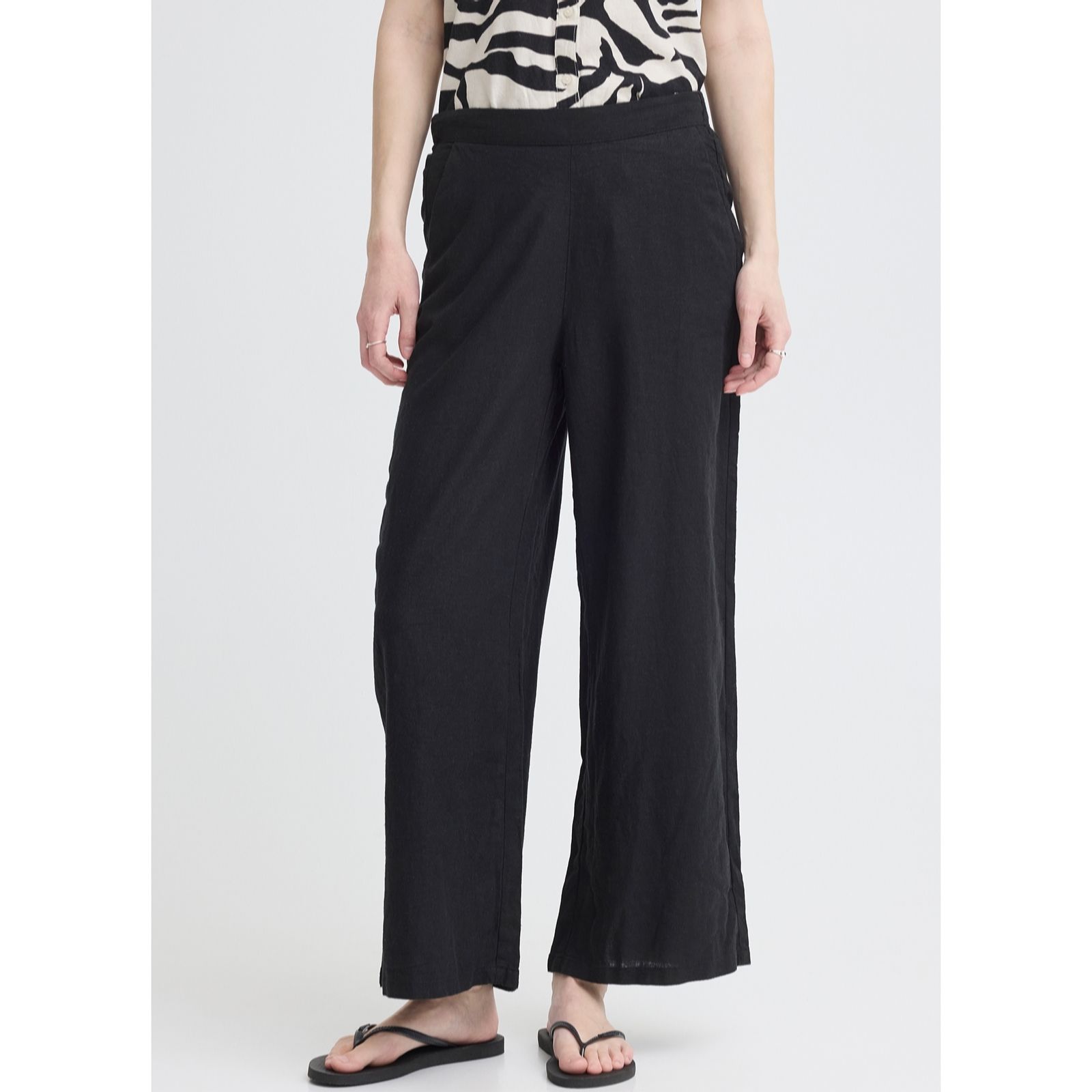 Ichi Black Linno Wide Leg Linen Blend Trouser