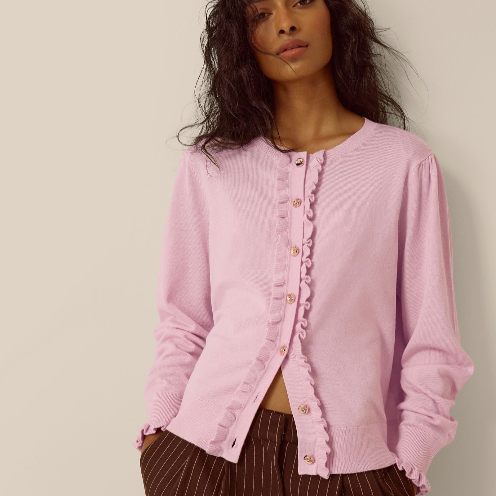 Monsoon Women's Chocolate Ruby Ruffle Detail Cardigan
