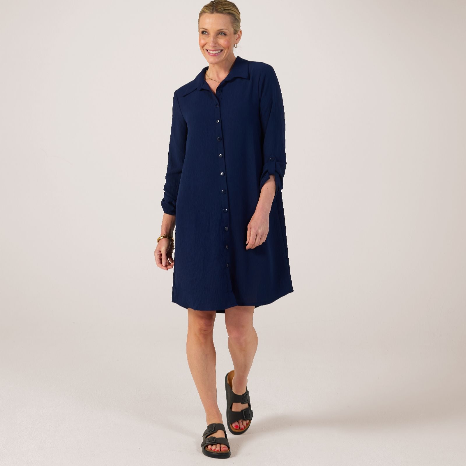 Kim & Co Crinkle Poplin 3/4 Tab Sleeve Shirt Dress