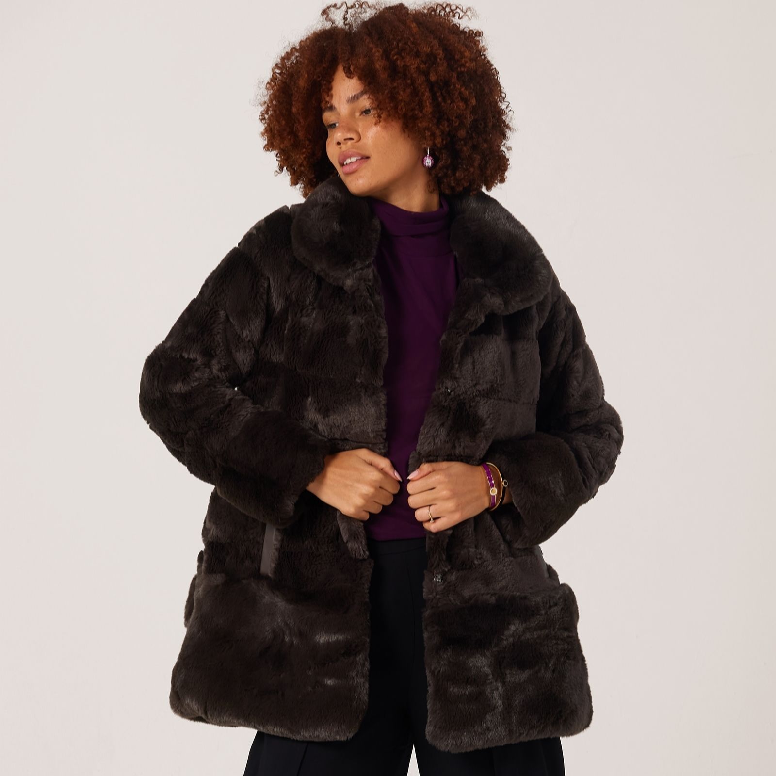 Nina Leonard Black Faux Fur And Pleather Jacket