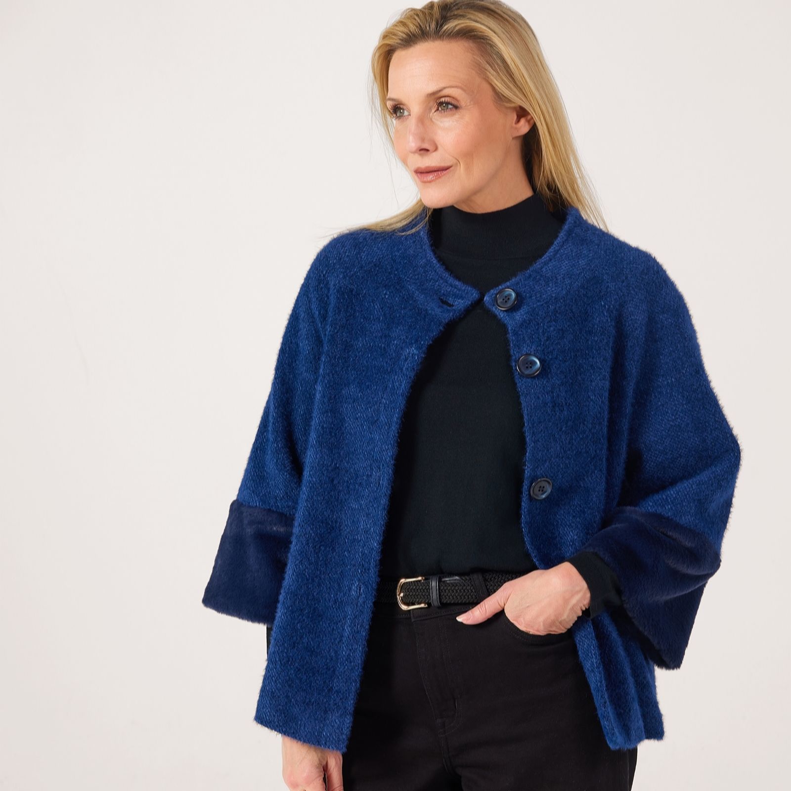 Helene Berman Cream Super Soft Textured Jacket With Fur Cuff