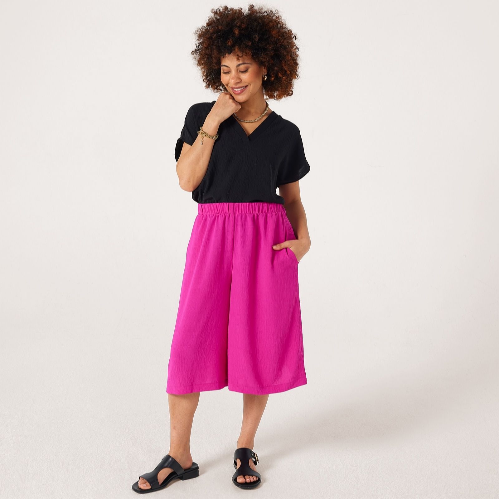 Kim & Co Black Crinkle Poplin Elastic Waist Knee Length Petite Culottes