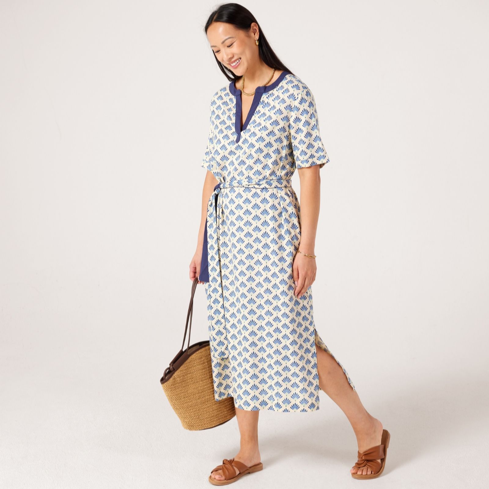 Masai Copenhagen Ivory Blue Norini 100% Viscose Print Short Sleeve Midi Dress