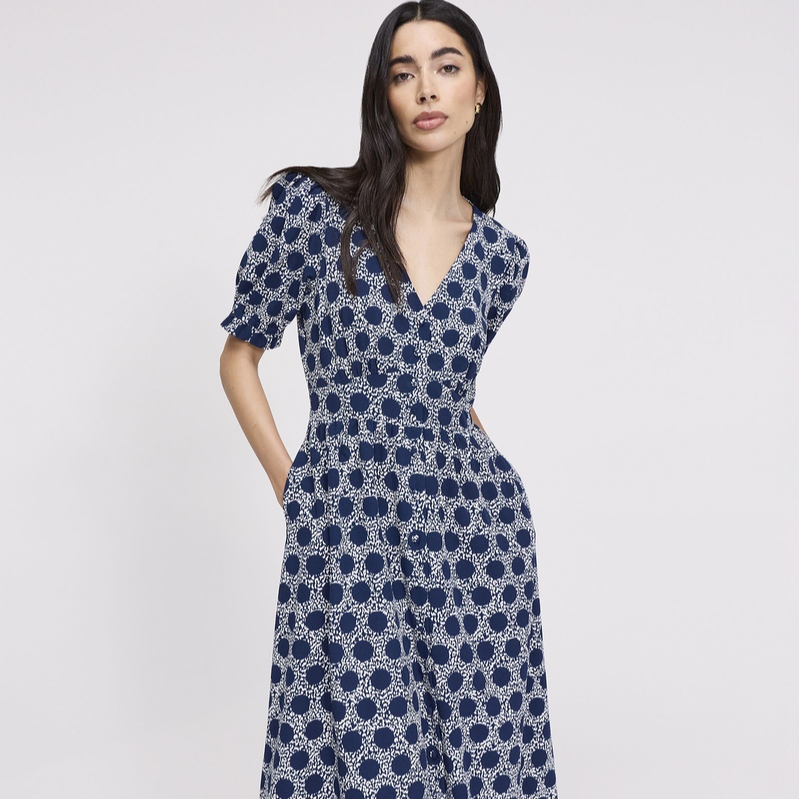 Finery London Samantha Spot Print Button Through Dress Petite women's