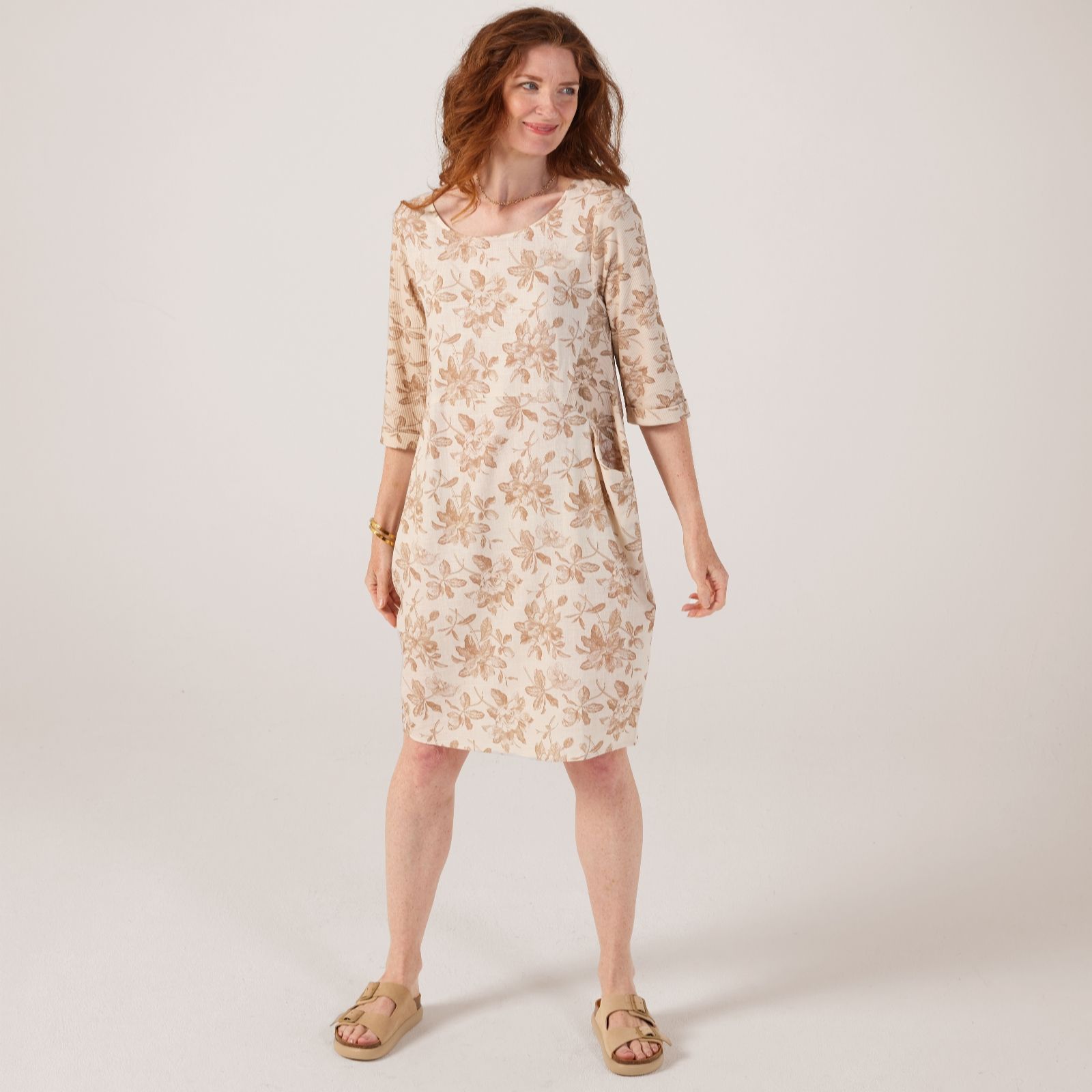 Izabel London Linen Blend 3/4 Sleeve Printed Dress with Pockets