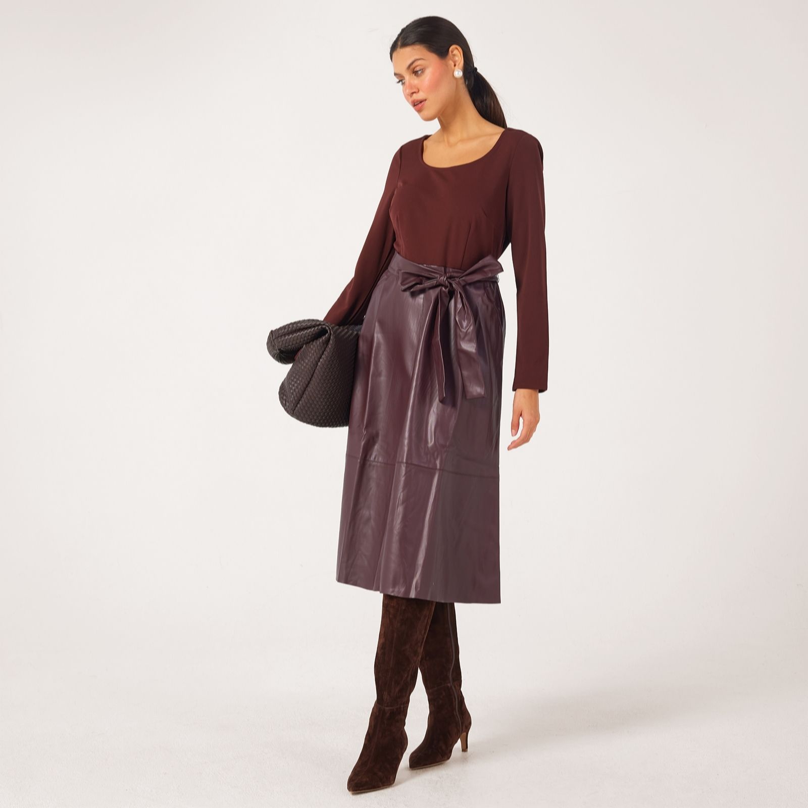 Nina Leonard Black Long Sleeve A Line Dress With Pleather Skirt