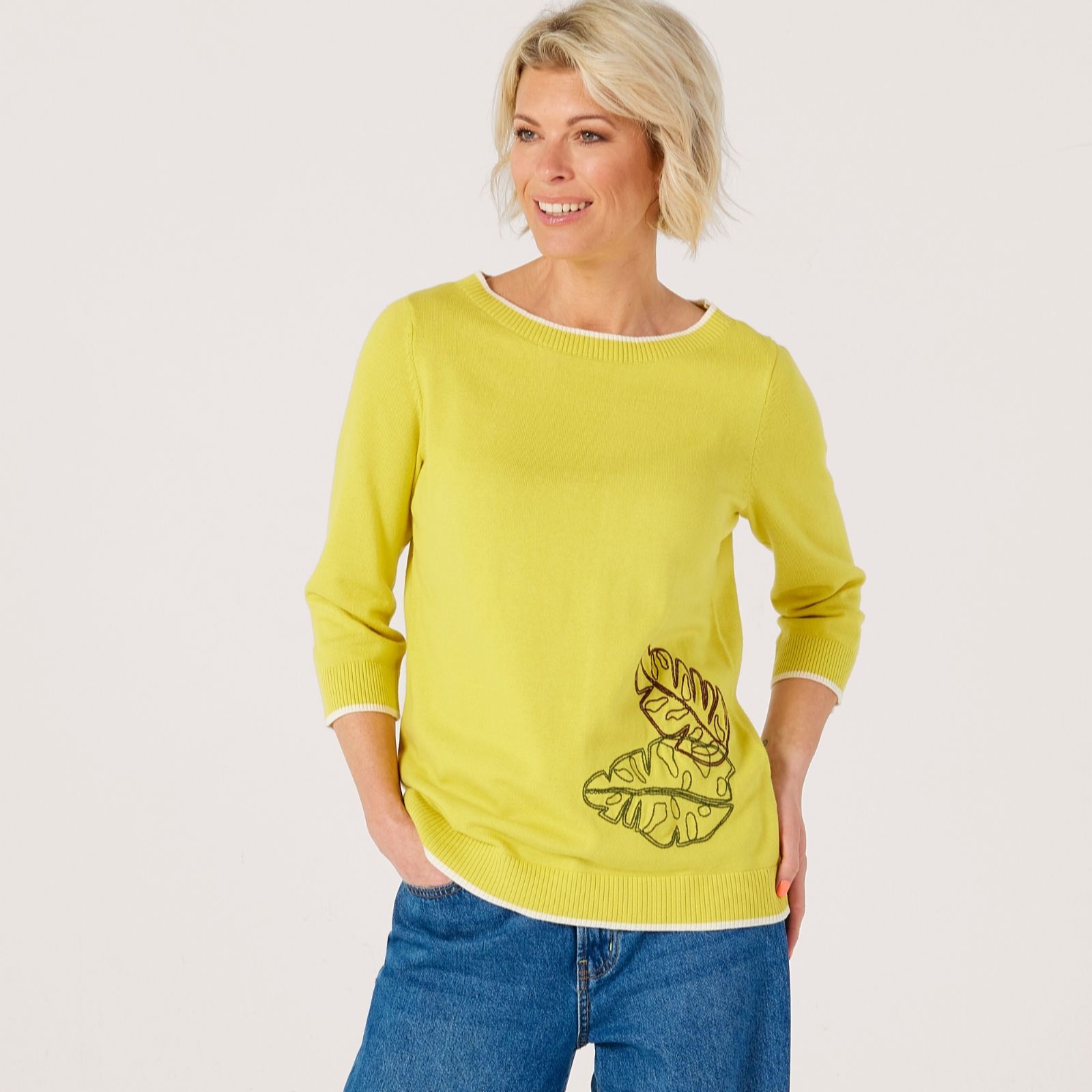 Denim & Co Cotton Boatneck Jumper With Leaf Detail