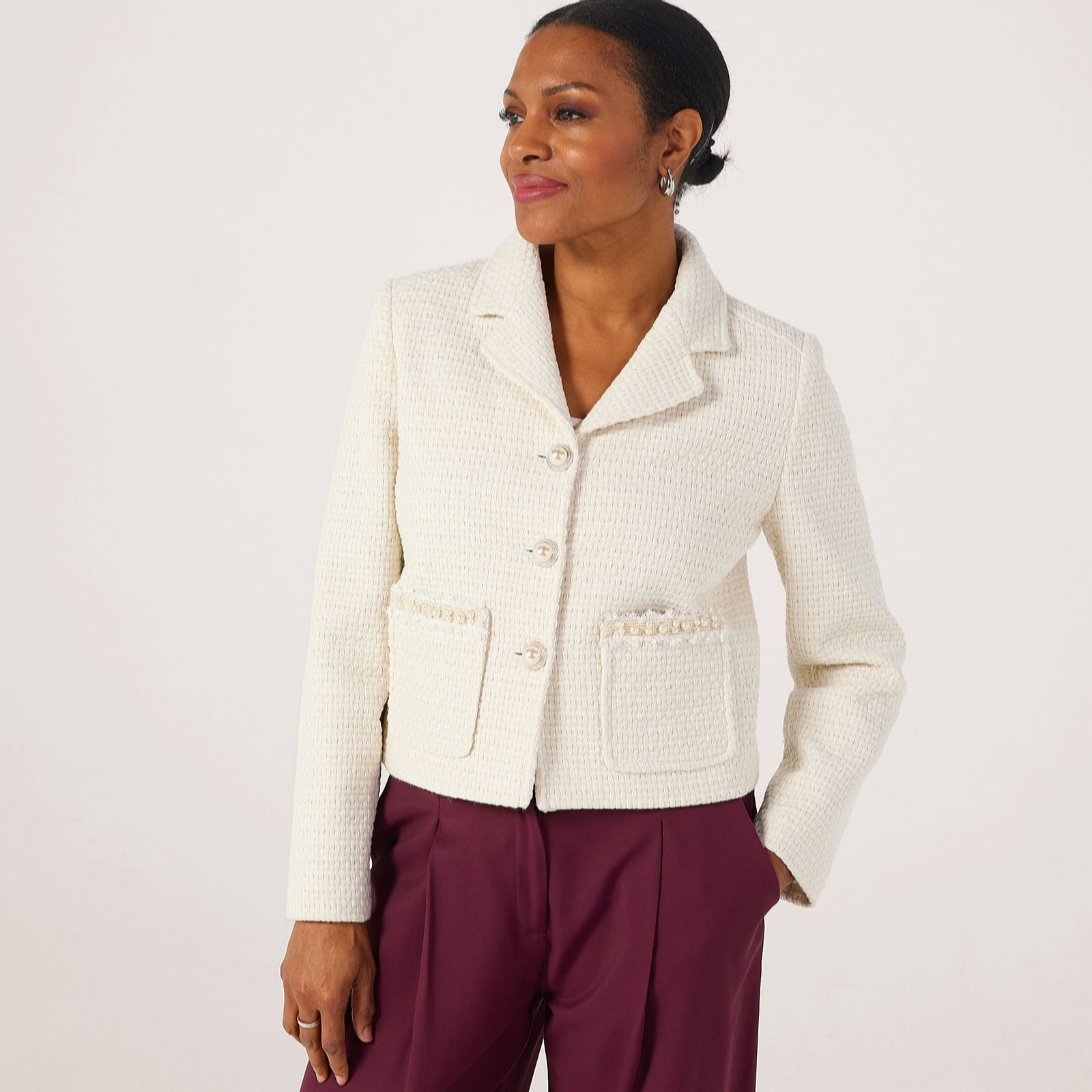 Helene Berman Ivory Pearl Tweed Jacket With Pearl Embellishment