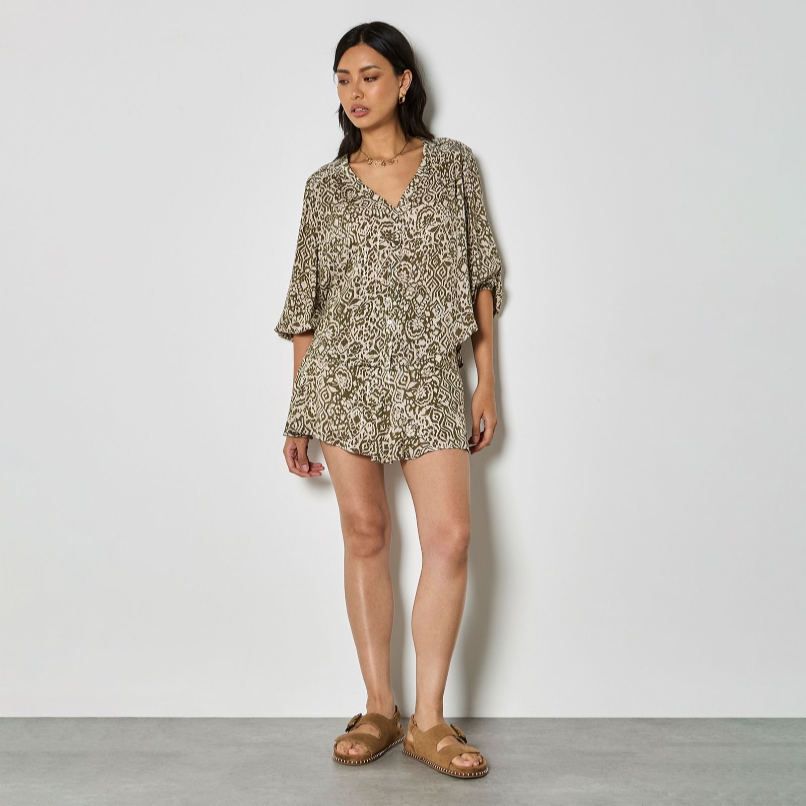 Apricot Khaki Mono Ikat Lurex Smock Detail Top