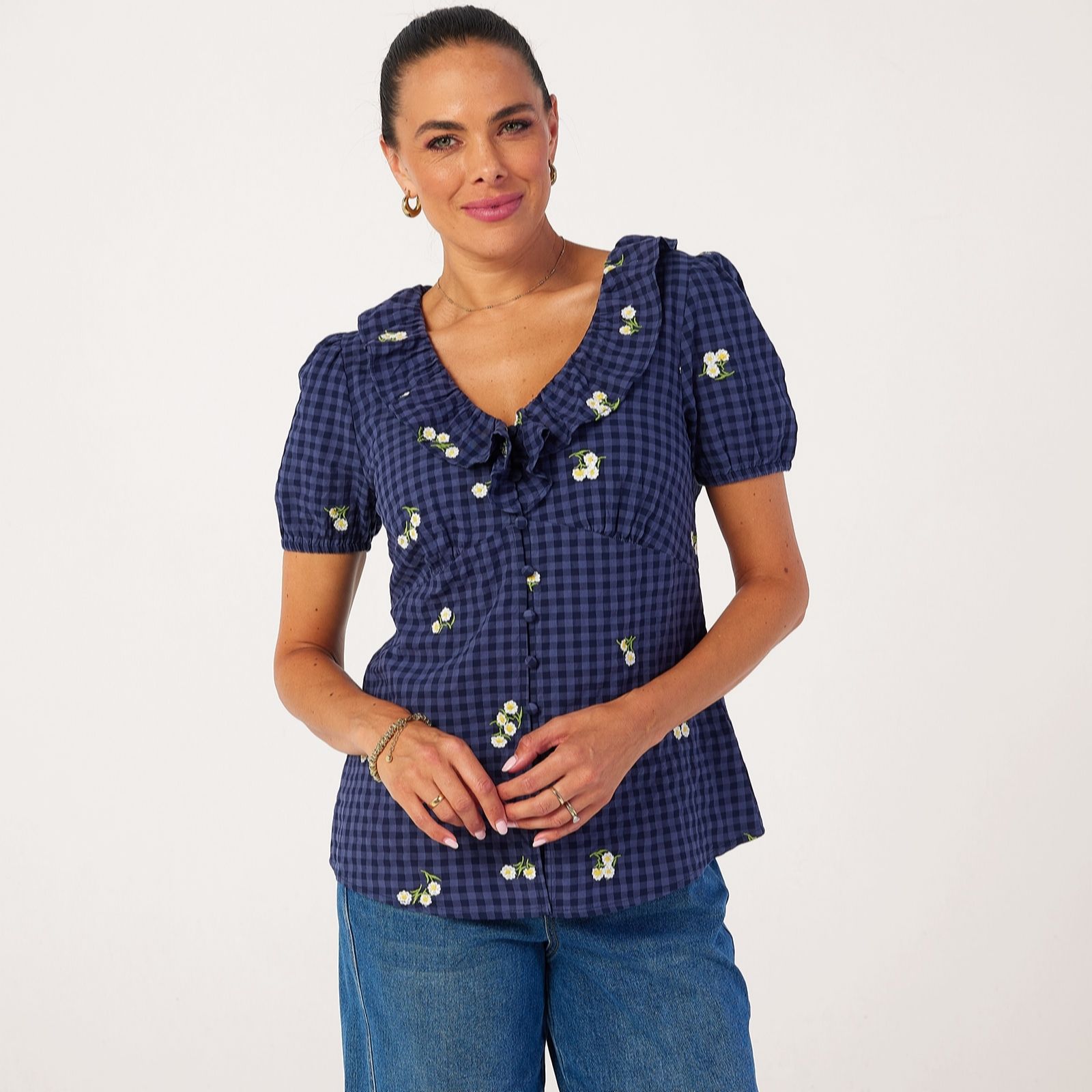 Finery London Brooke Seersucker Daisy Embroidered Button Through Top women's