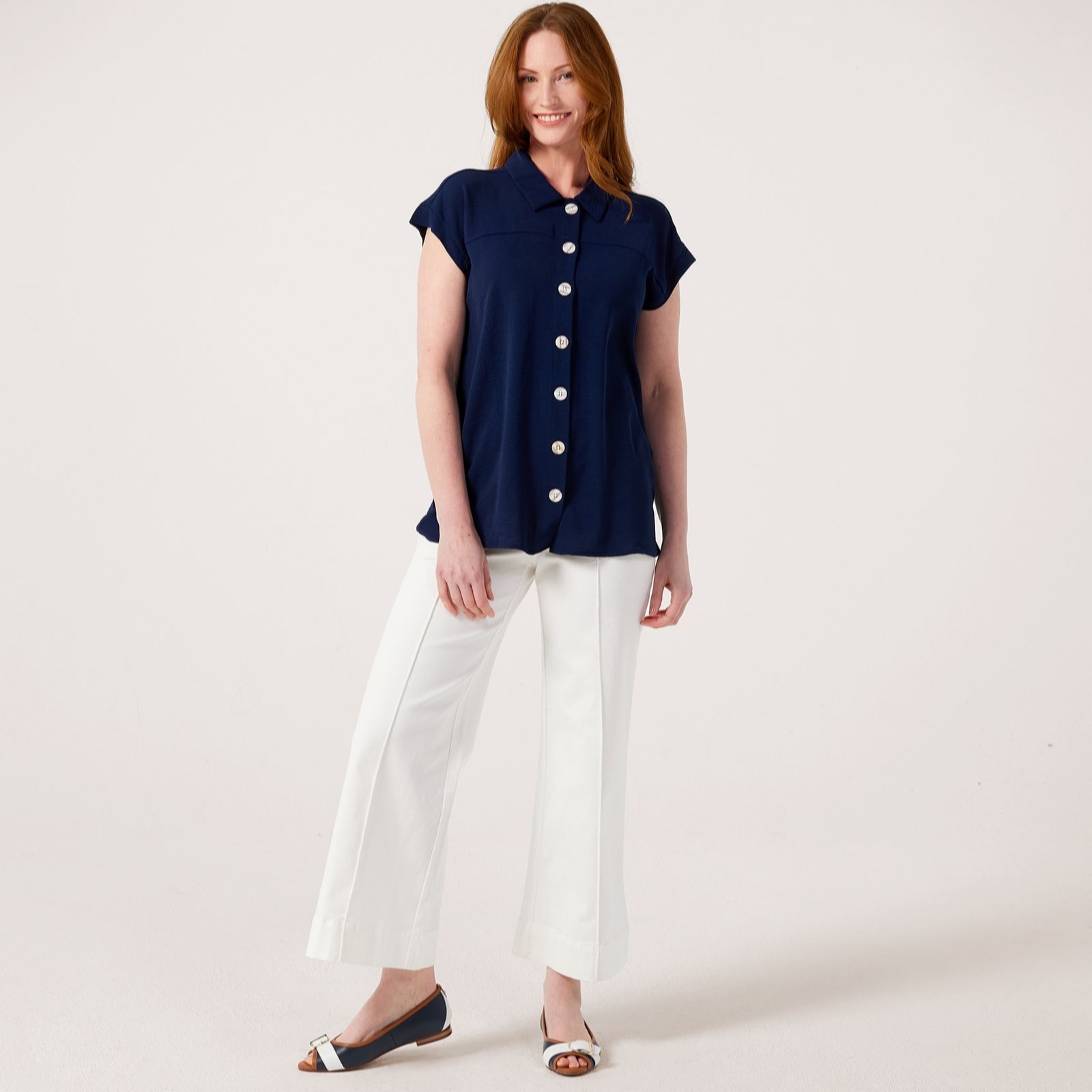 Nina Leonard Textured Wave Shirt with Novelty Big Tortoise Buttons