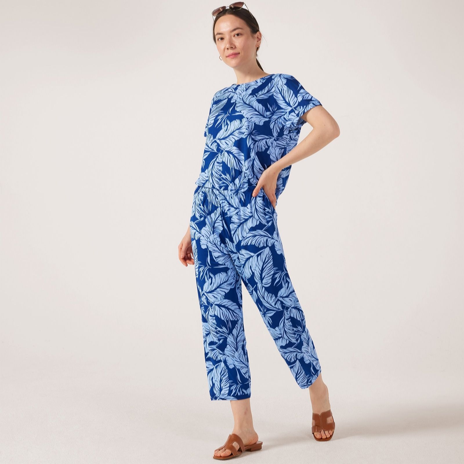 Kim & Co Caramel Multi Printed Brazil Jersey Cropped Seamfree Trousers