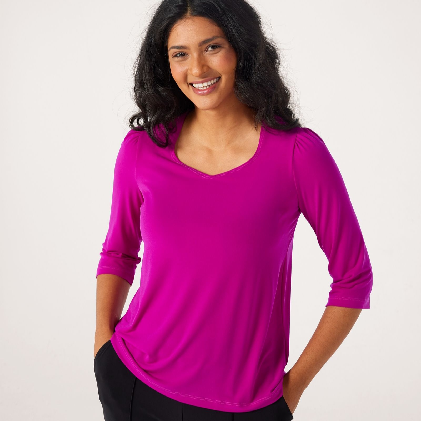 Kim & Co Brazil Jersey Three-Quarter Sleeve Sweetheart Neckline Top women's