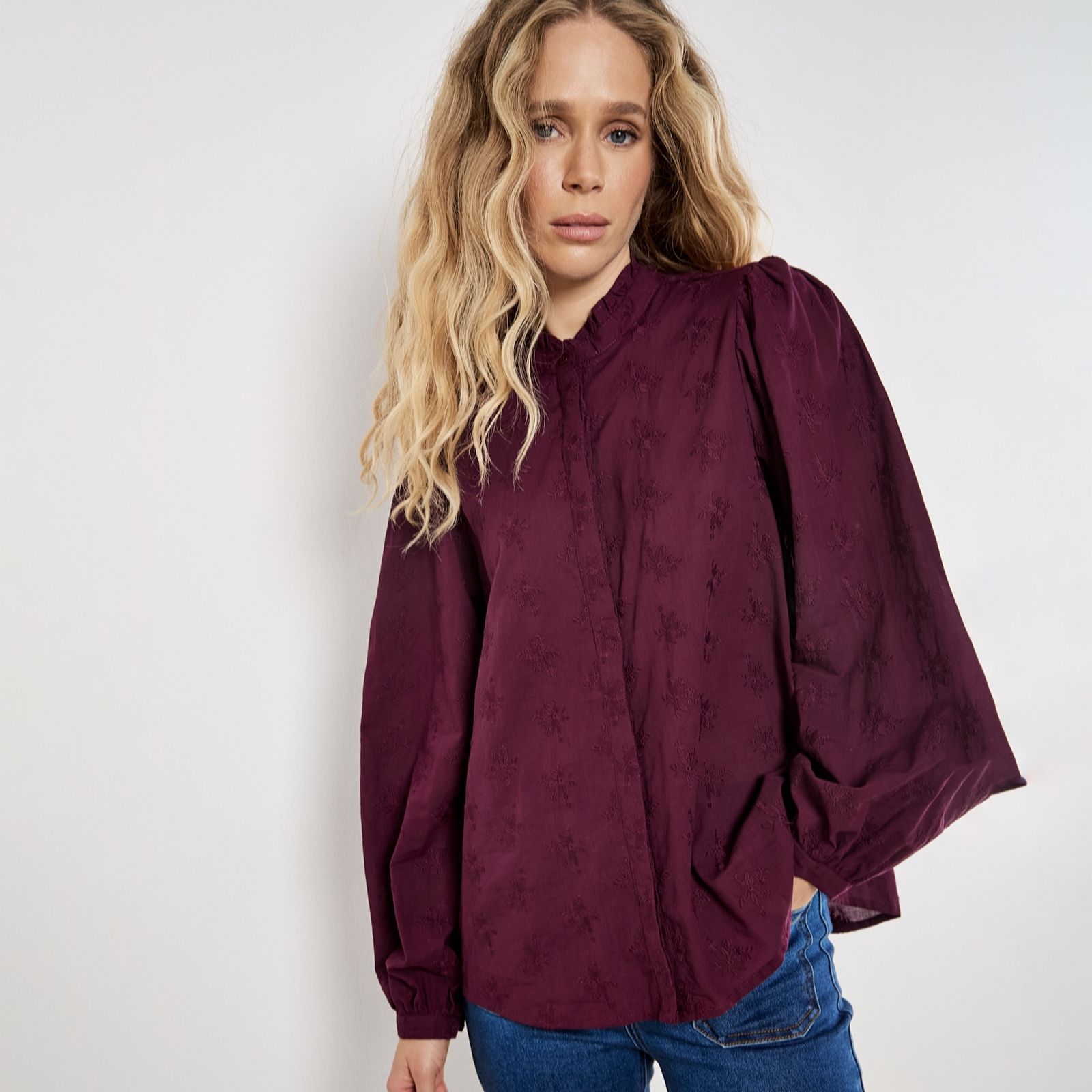 Apricot Burgundy Broderie Ruffle Neck Blouse