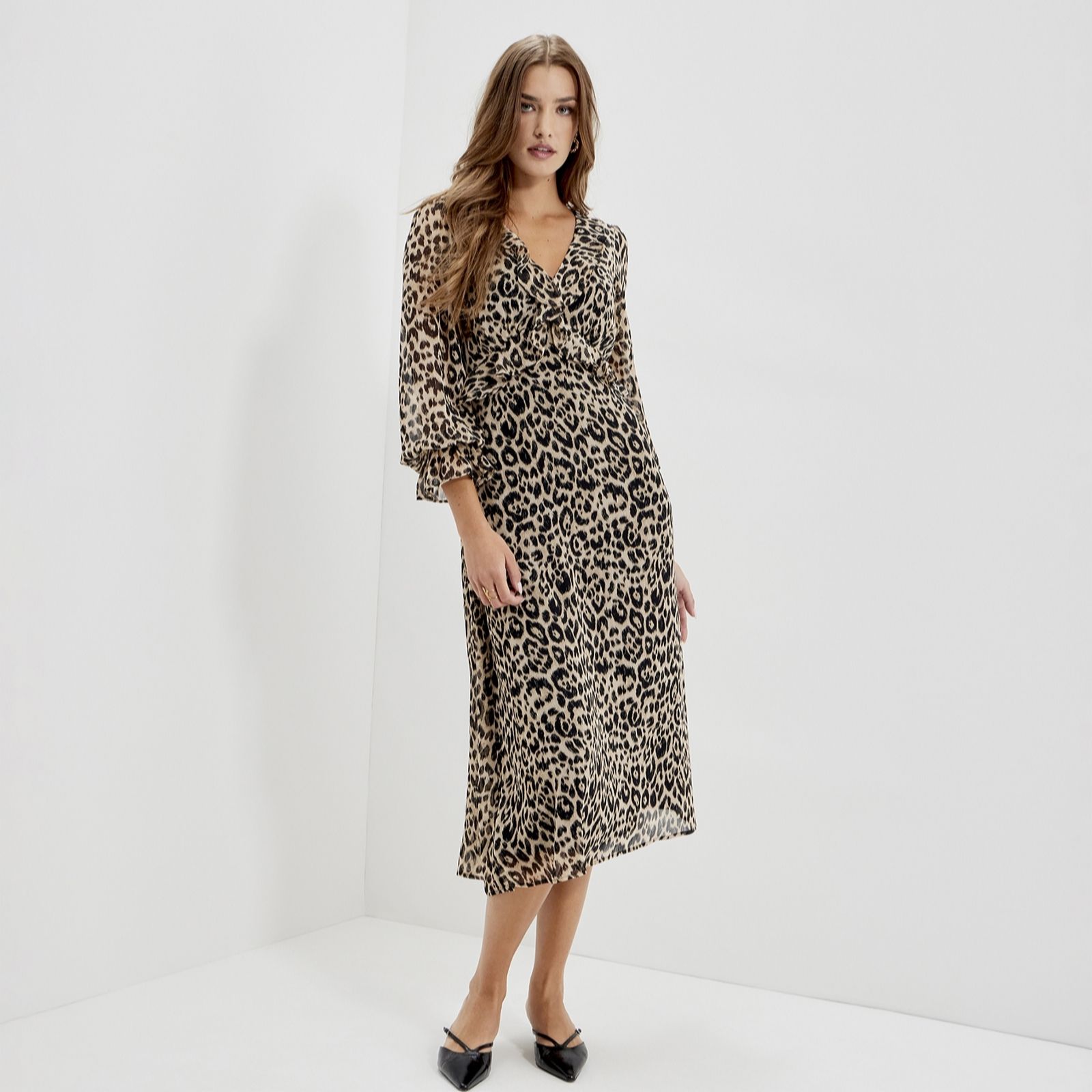 Veronica Black Paisley Ruffle Empire Waist Midi Dress Size: 8P