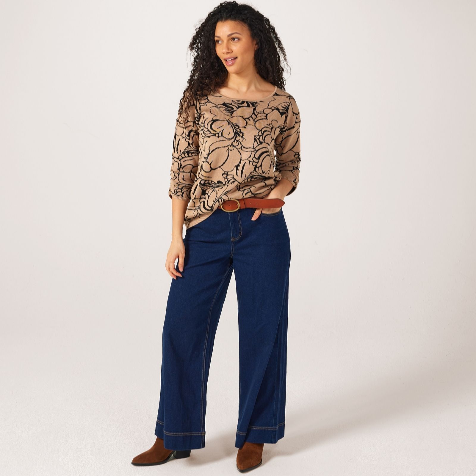 Nina Leonard Tan 3/4 Shirred Sleeve Jacquard Jumper
