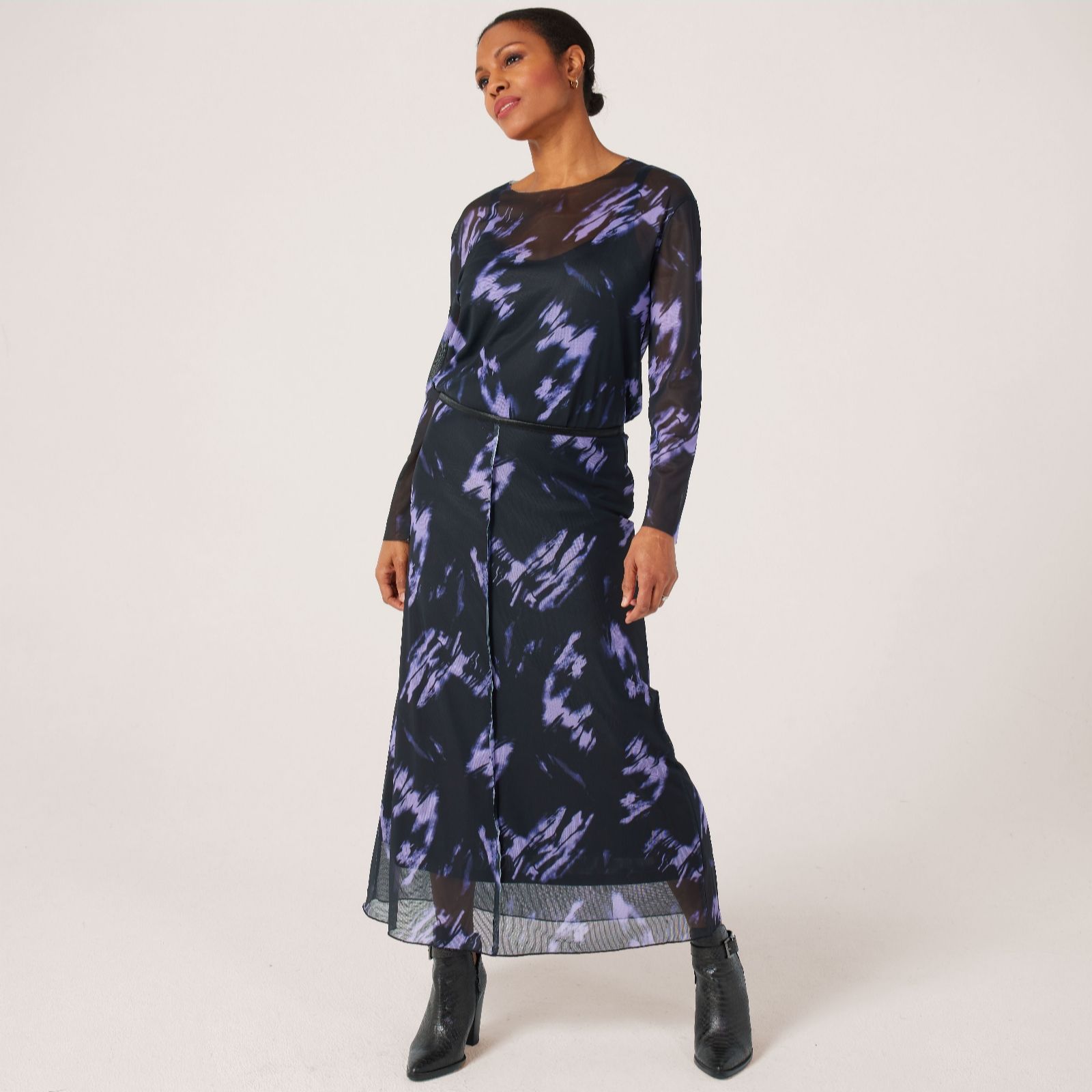 Malissa J Long Sleeved Printed Stretch Mesh Top With Raw Edge Detail