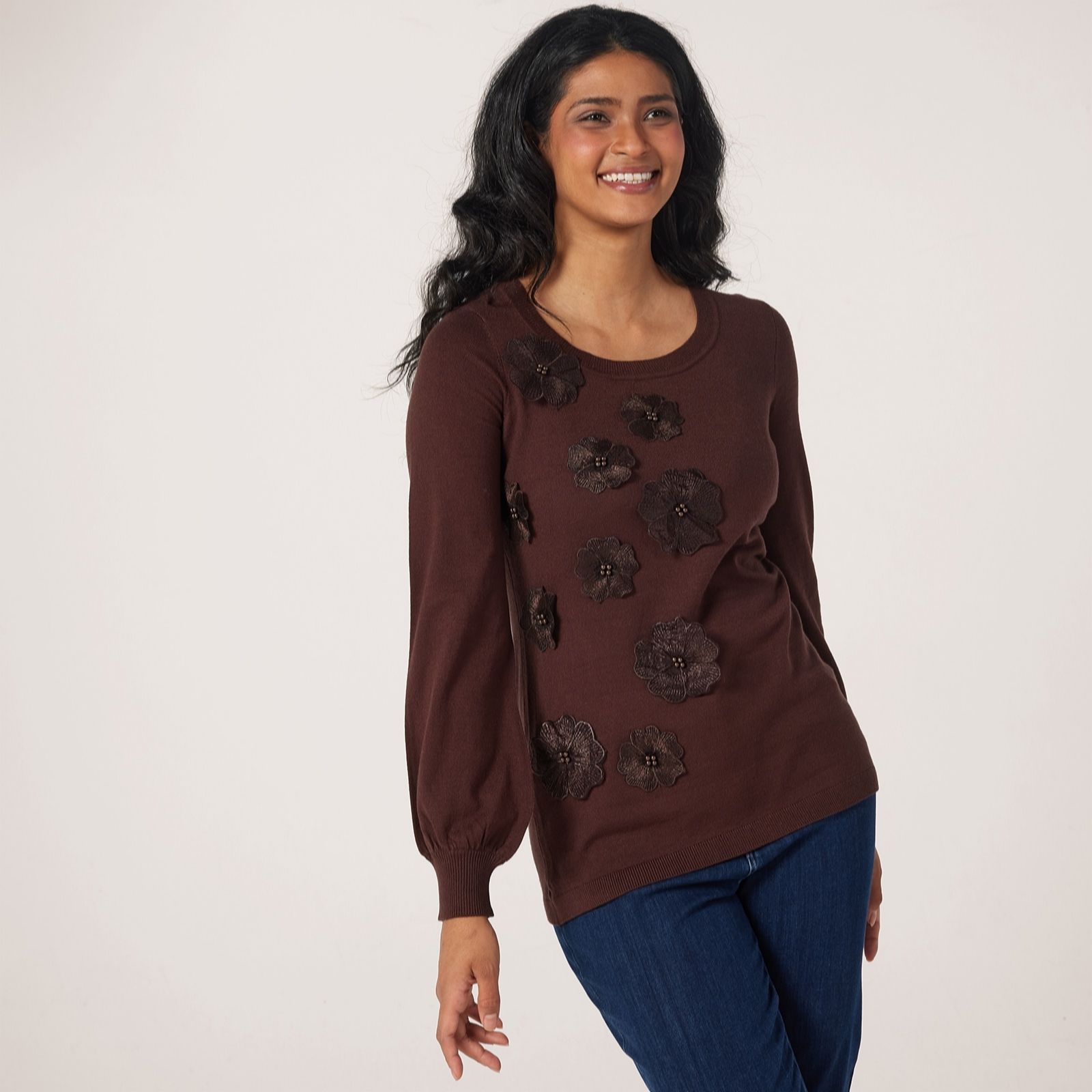 Nina Leonard Black Balloon Sleeve 3D Flower Jumper