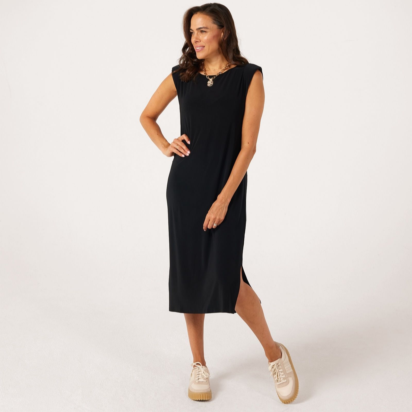 Kim & Co Black Brazil Jersey Midi Dress With Side Slits And Shoulder Pads