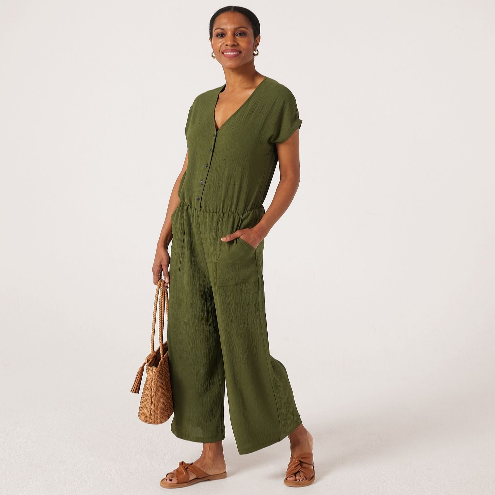 Kim & Co Black Crinkle Poplin Short Sleeve Cropped Petite Jumpsuit