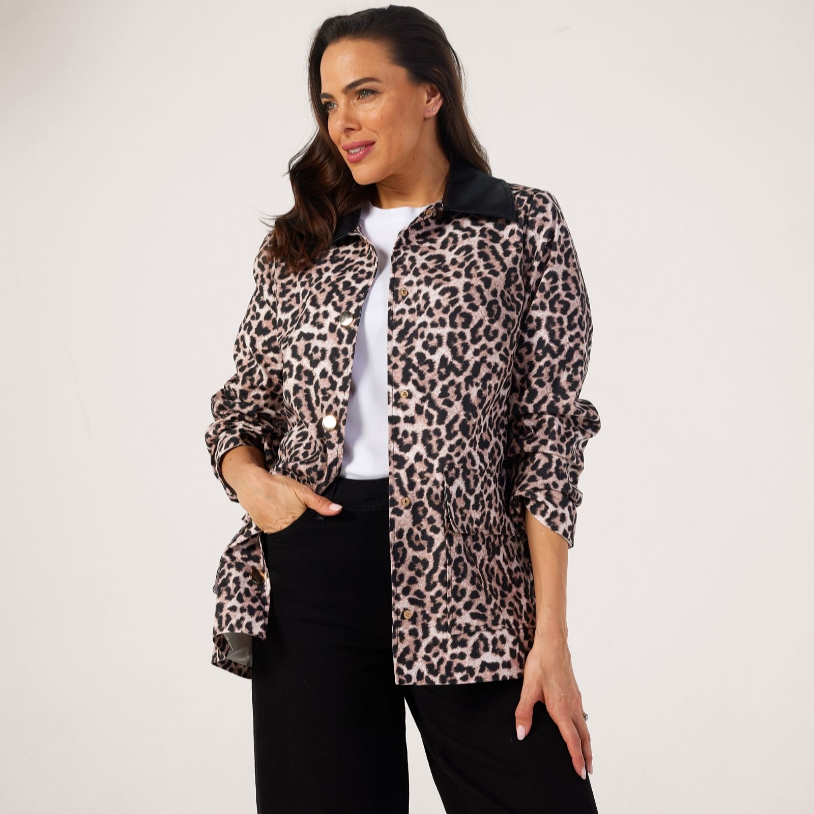 Helene Berman Animal Cotton Stretch Jacket With Faux Leather Collar