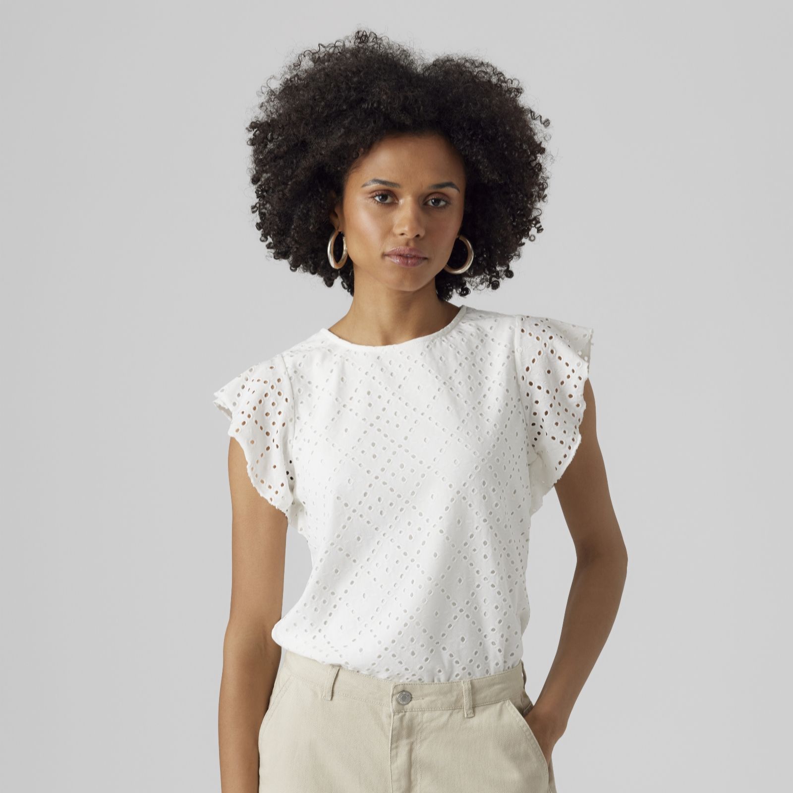 Vero Moda Blue Tassa Broderie Frill Sleeve Top