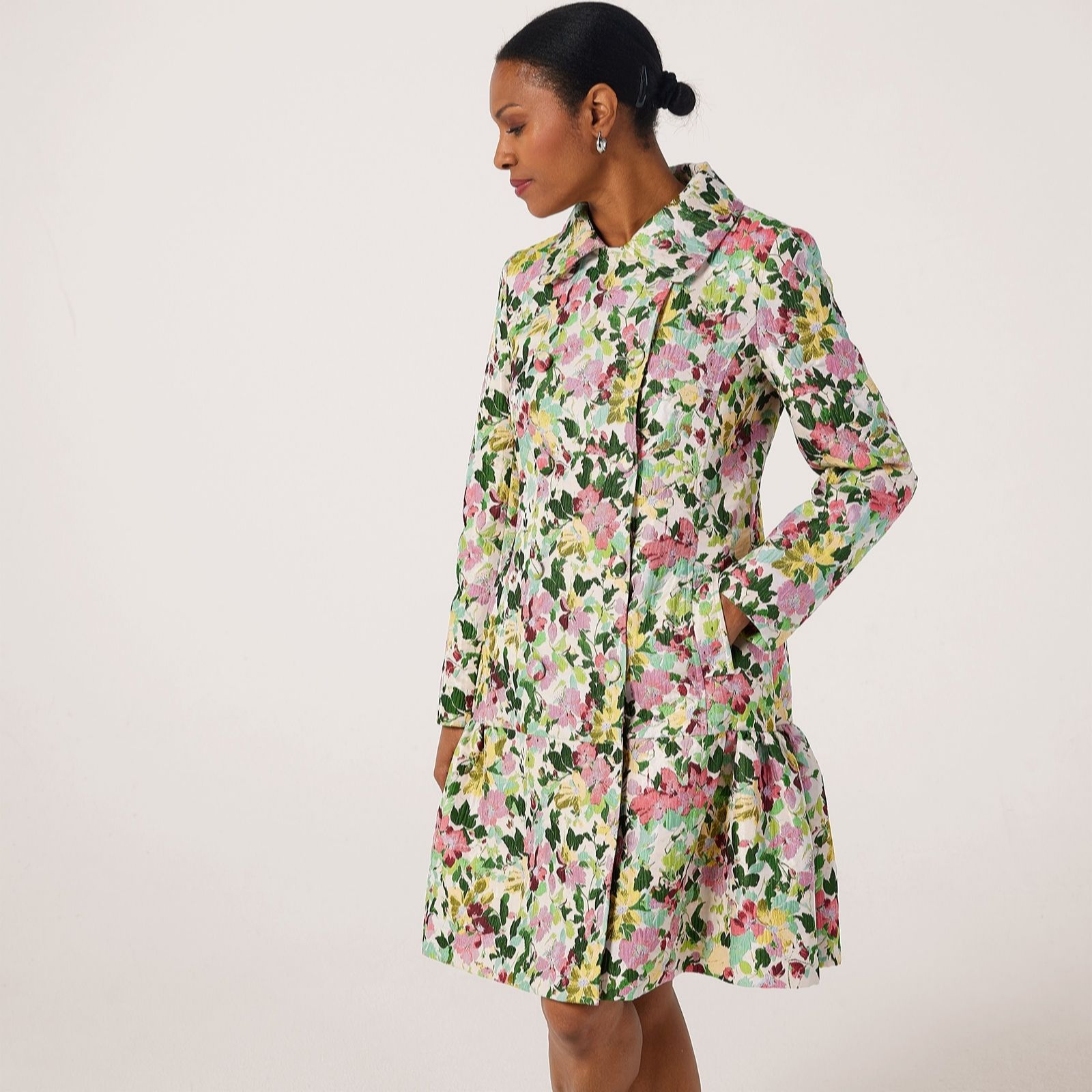 Helene Berman Black Floral Spring Blossom Lilly Jacquard Frill Hem Coat
