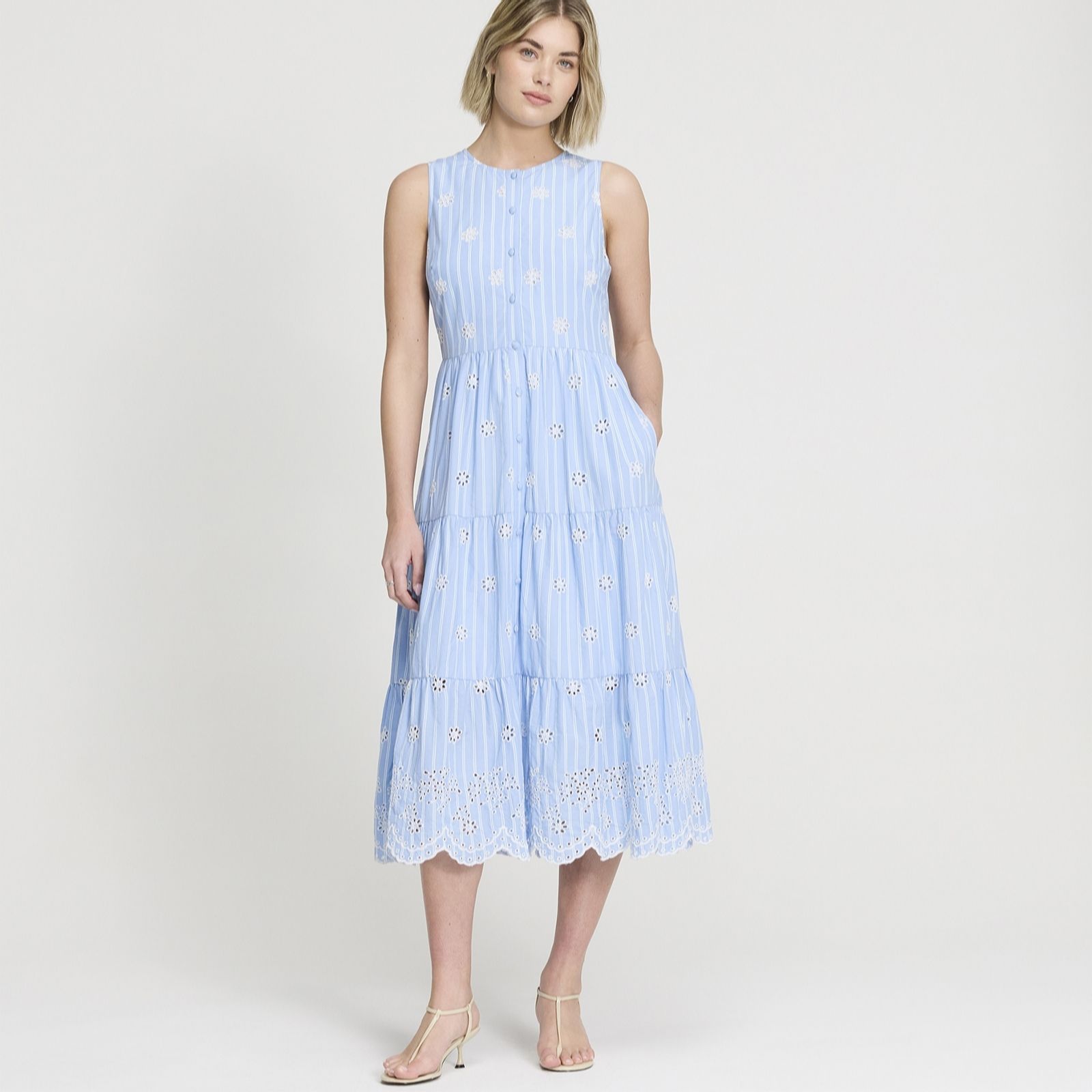 Finery London Rose Dress Blue Stripe Embroidered Dress Petite women's