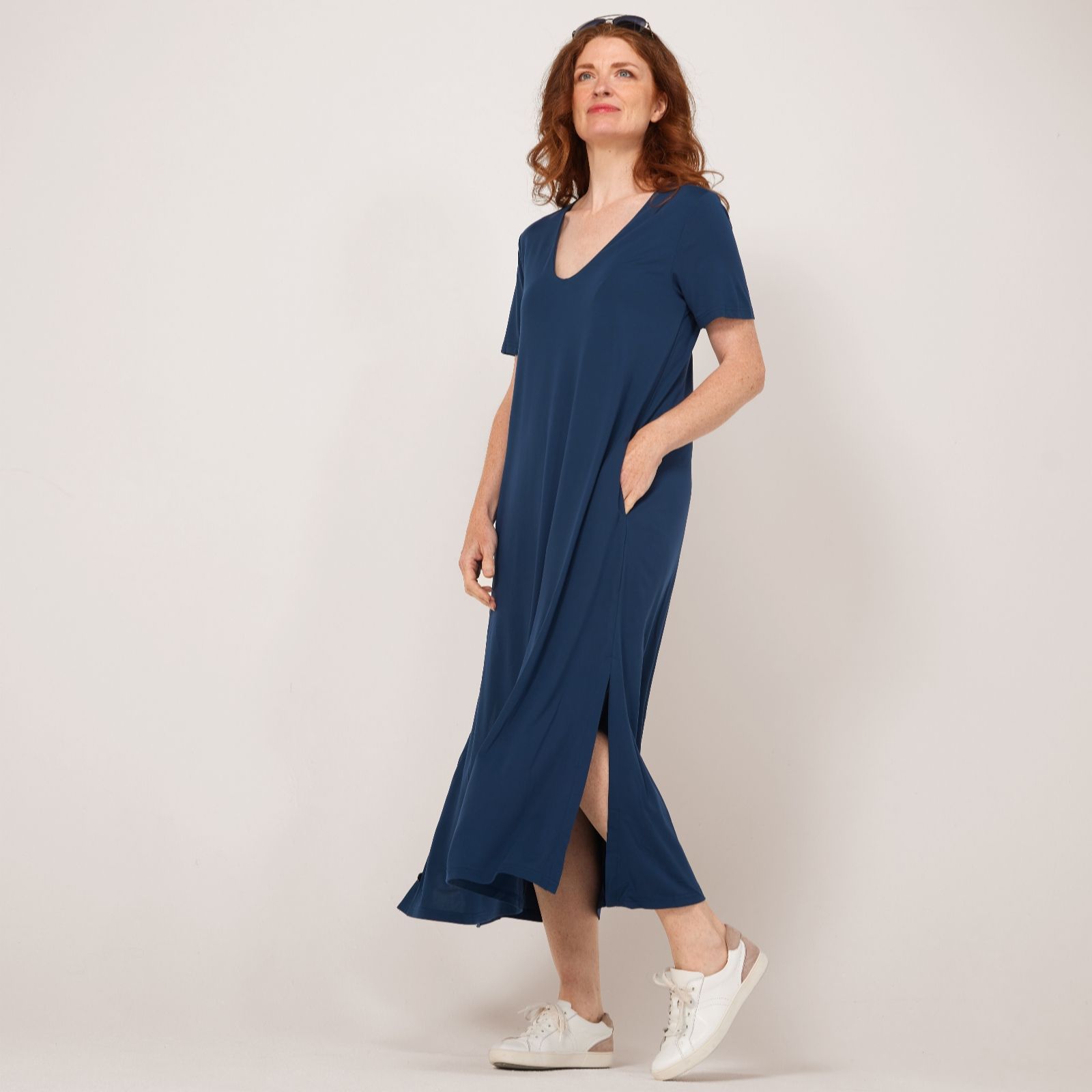 Malissa J Longer Length Textured Jersey Deep Rounded V-Neck Dress