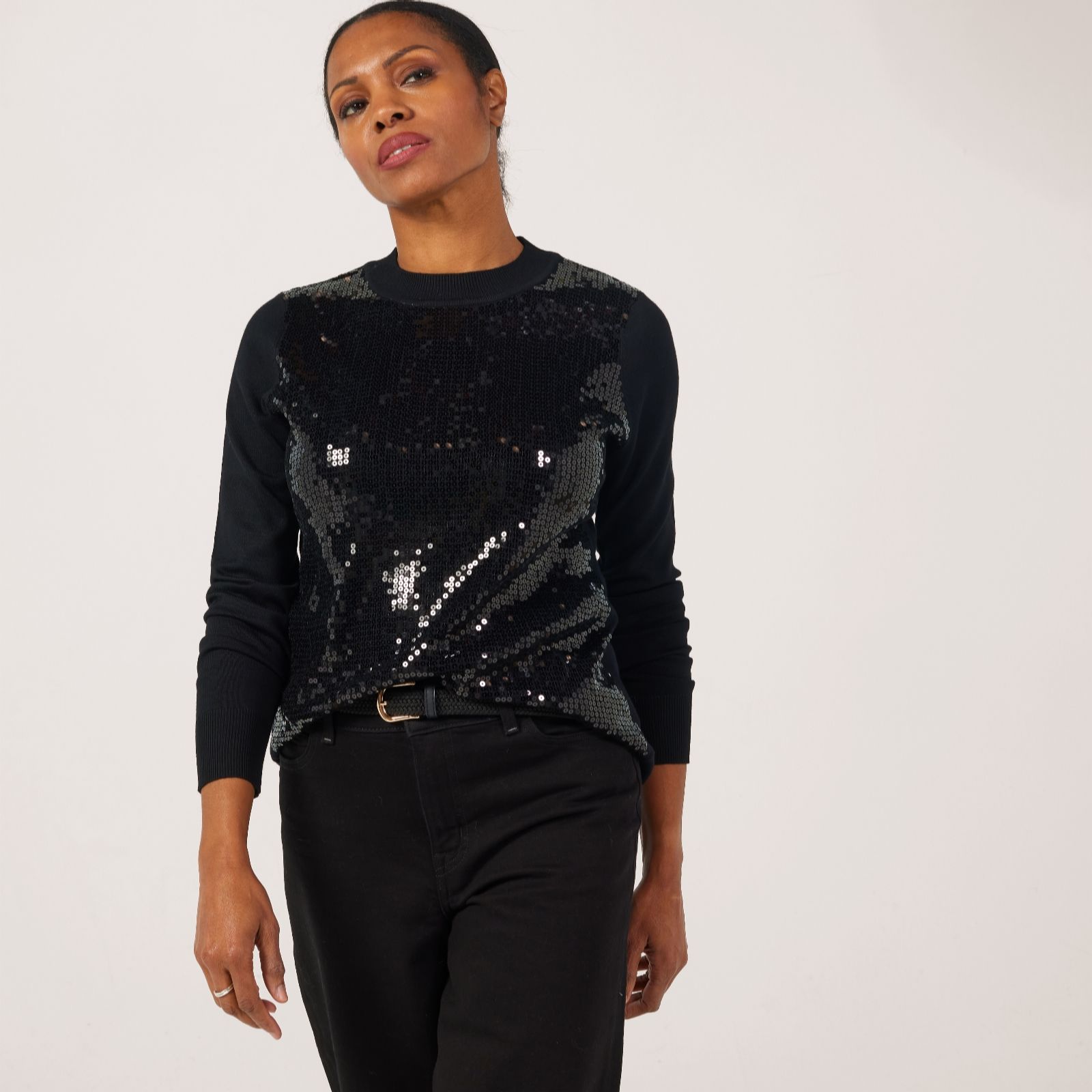 Nina Leonard Black Mock Neck Sequin Overlay Jumper