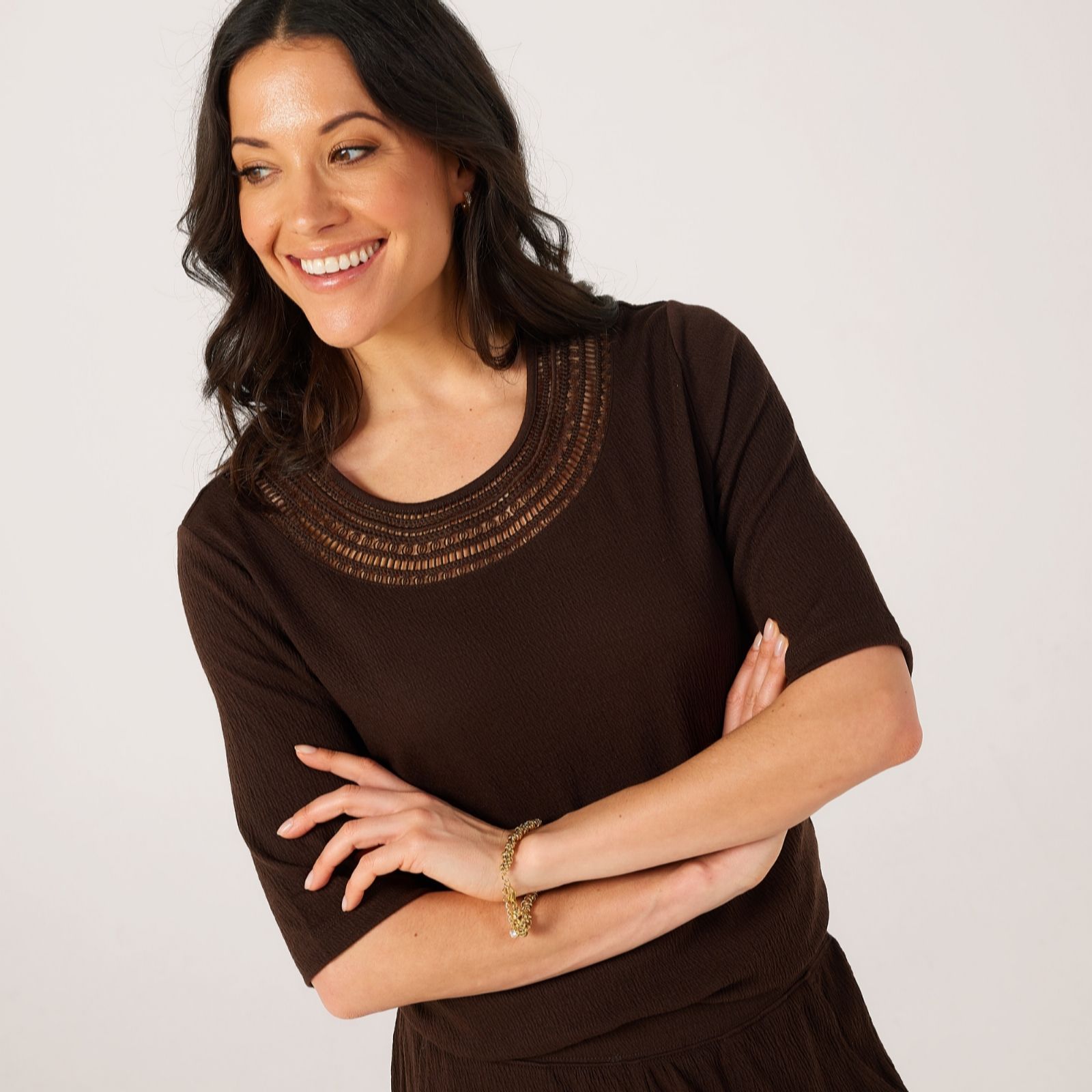 Denim & Co. Chocolate Linen Blend Top With Neckline Detail