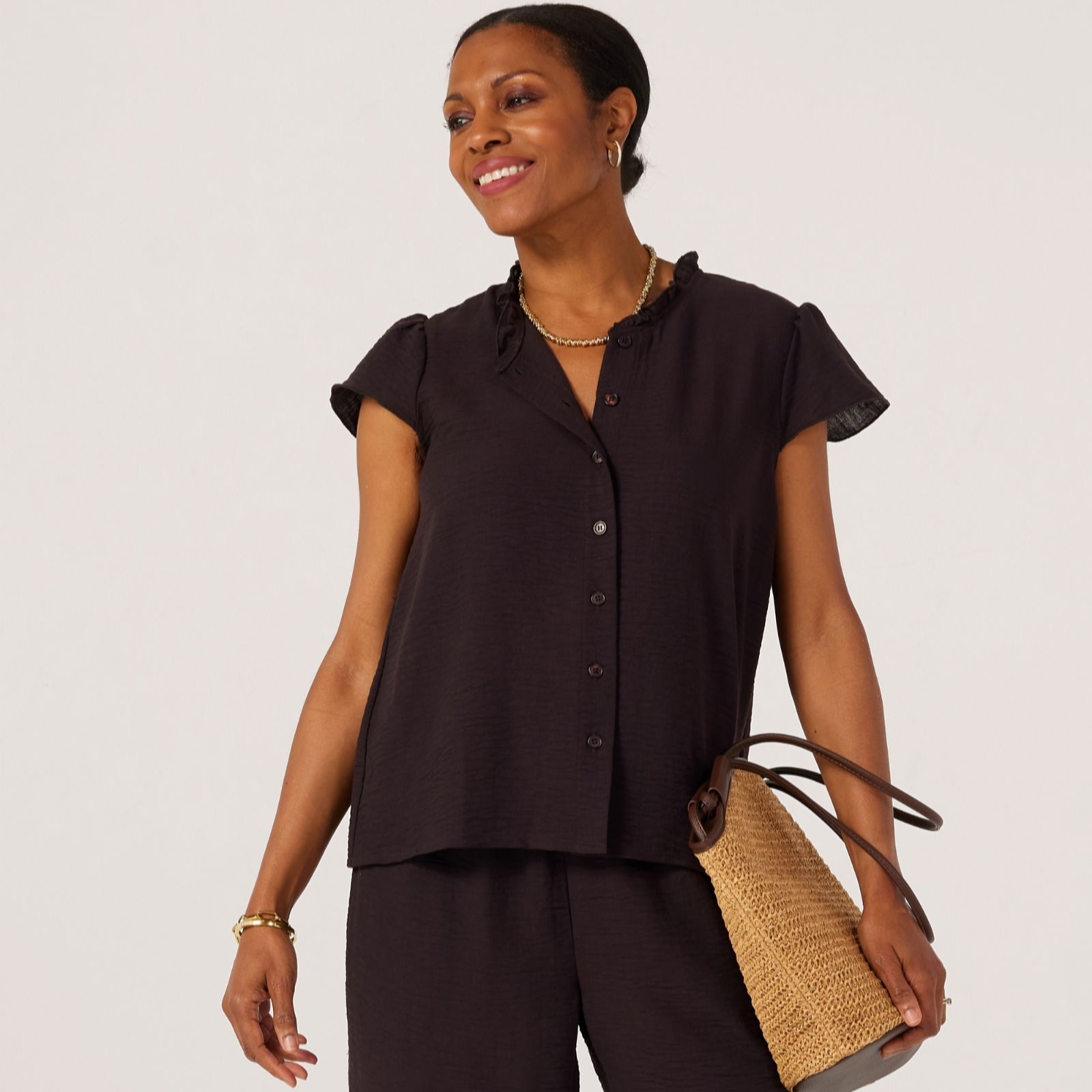 Kim & Co Black Linen Feel Frilled Neckline Sleeveless Blouse