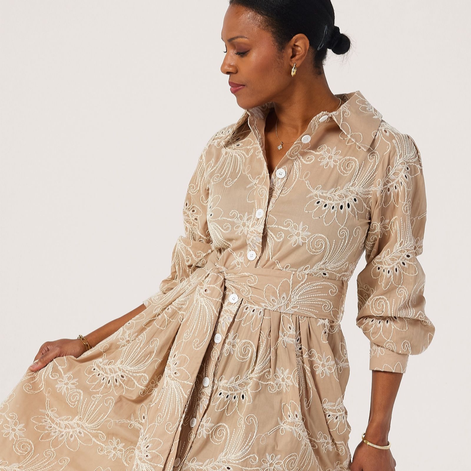 Helene Berman Natural Embroidered & Sequin Detail Midi Dress