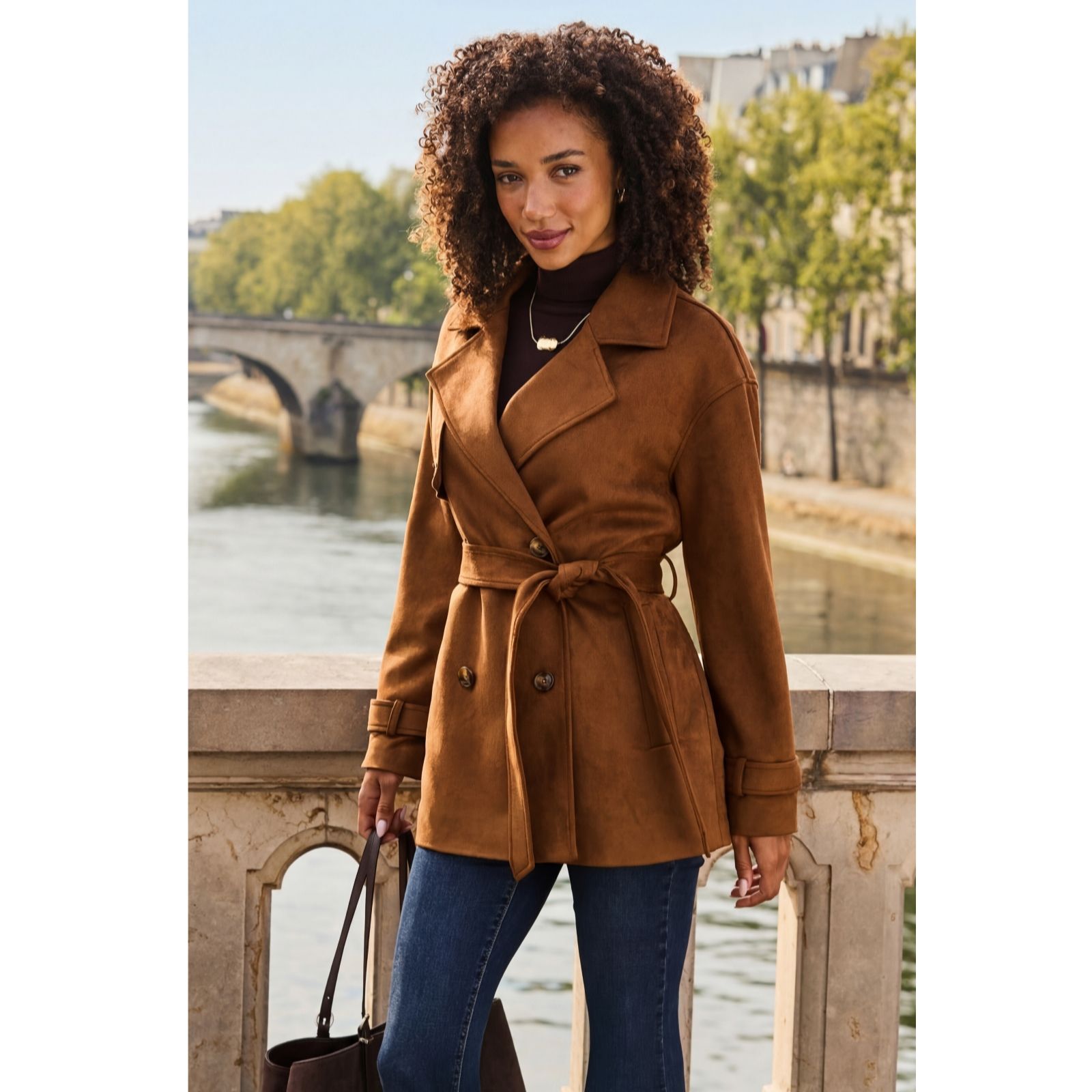 Sosandar Mid Length Faux Suede Trench Coat women's