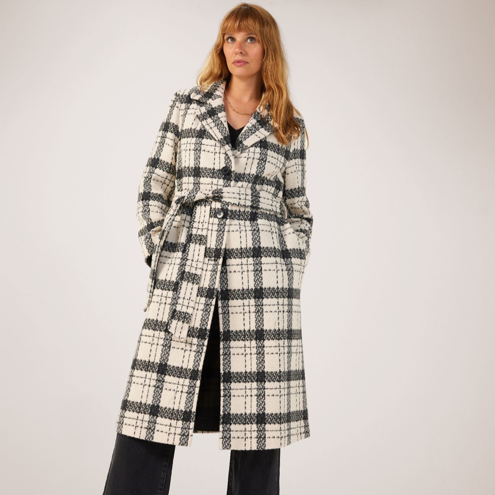 Helene Berman Black & White Checked Long Lined Coat with Buttons