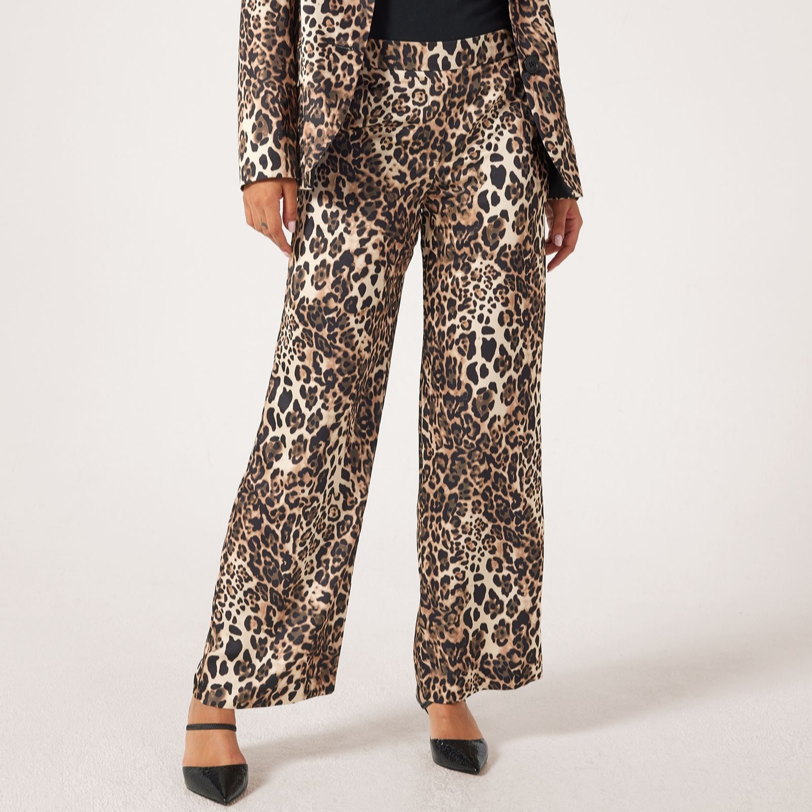 Helene Berman Satin Animal Print Wide Leg Trouser with Stretch Waist women's