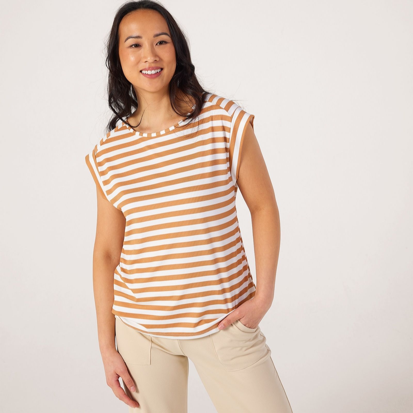 Kim & Co Ecru,Blue Silky Rib Short Dolman Sleeve Top