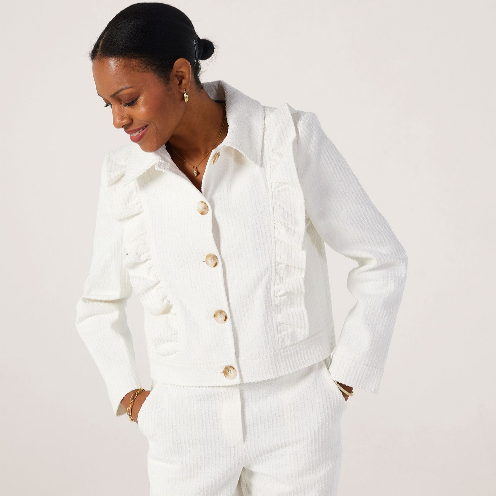 Helene Berman White Denim Detail Frill Jacket