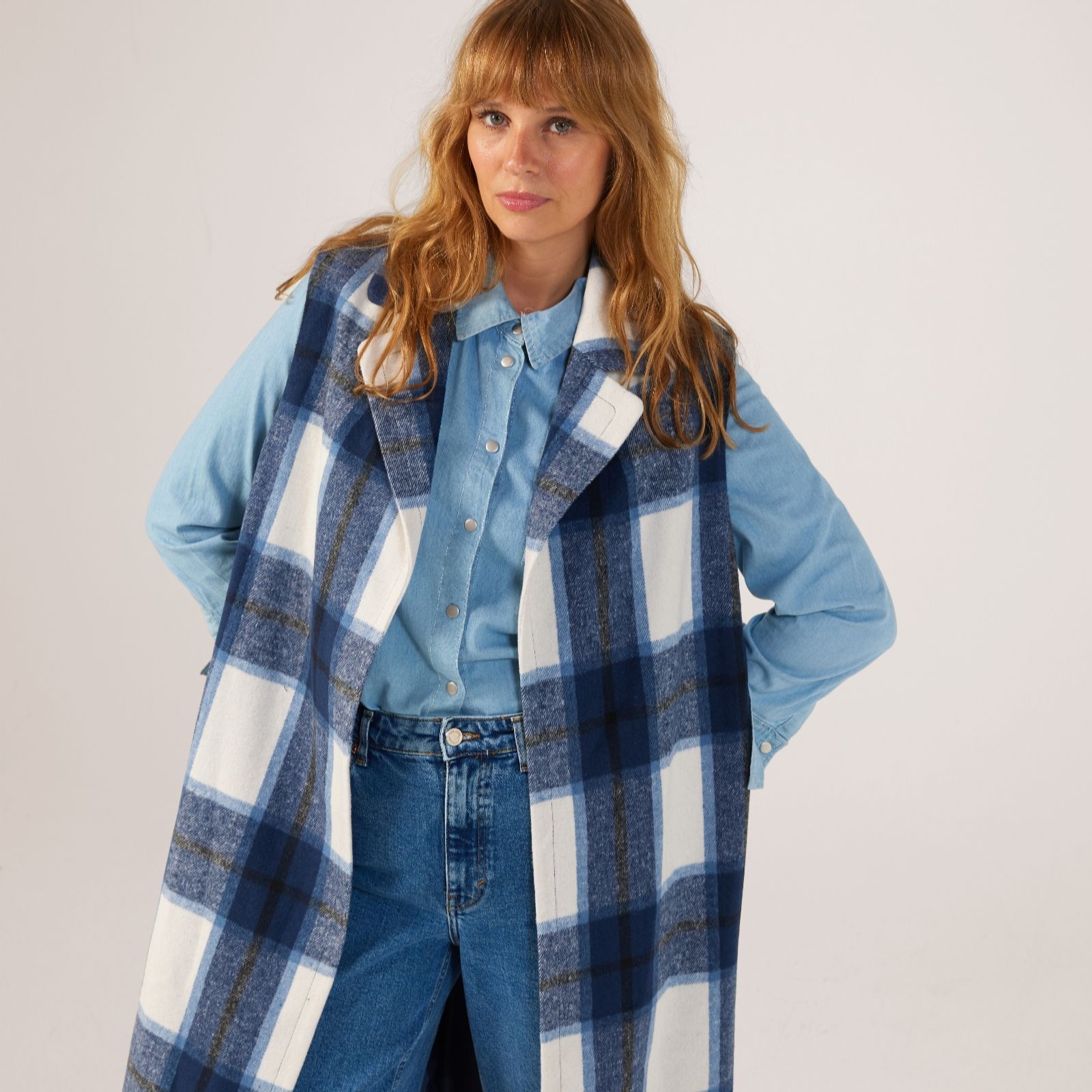 Helene Berman Blue Check Longline Waistcoat