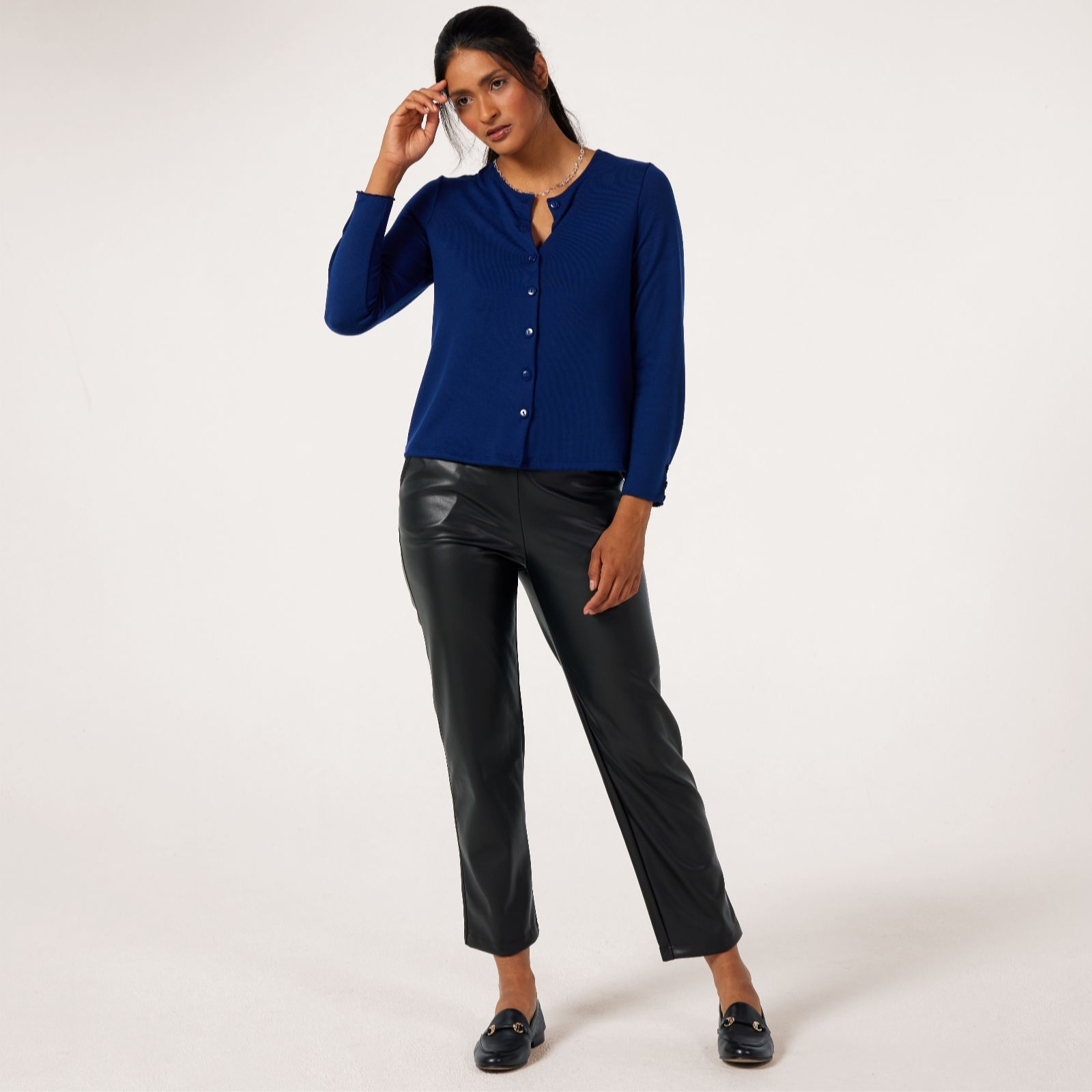 Kim & Co French Navy Soft Touch Crew Neck Button Cardigan