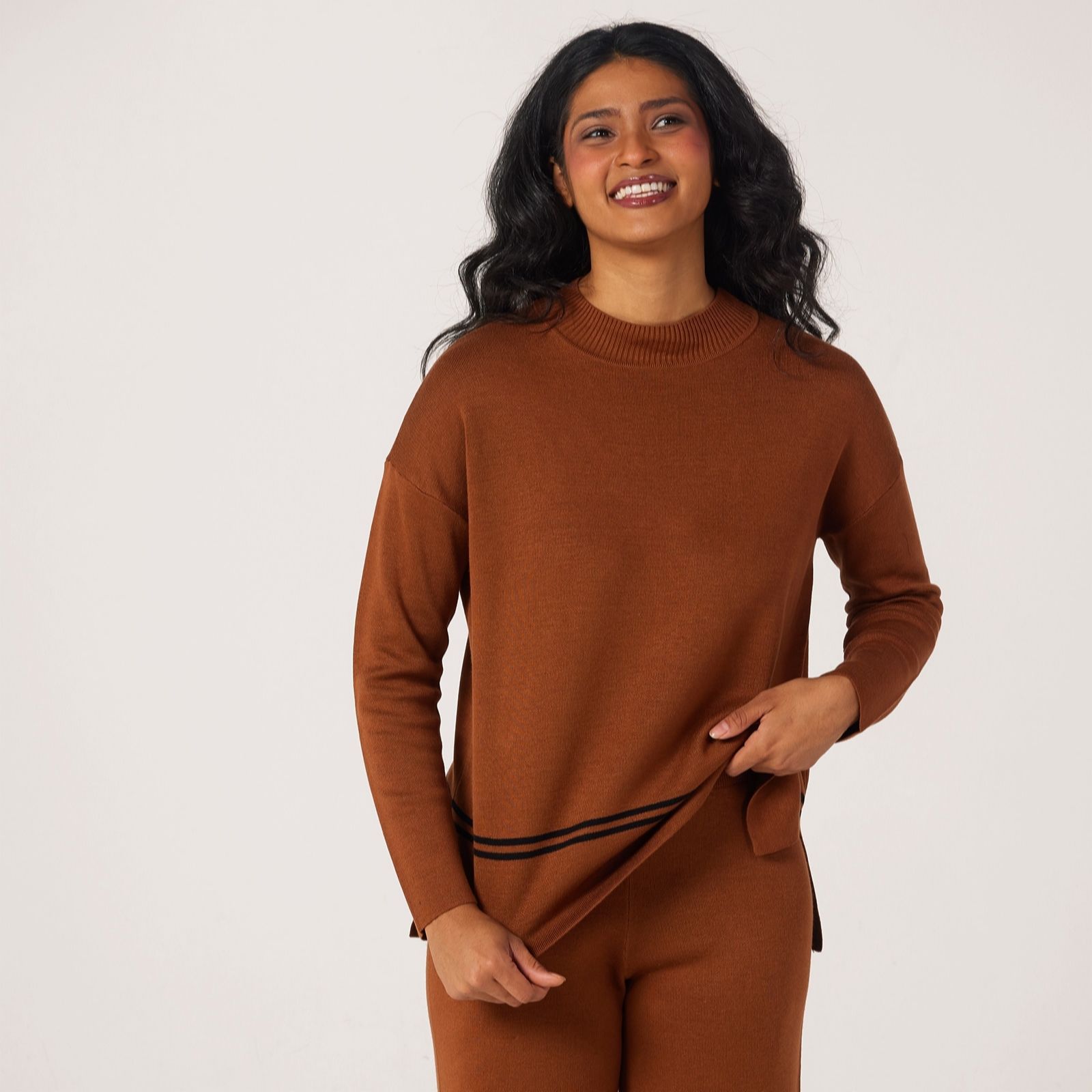 Nina Leonard Black,Ivory Funnel Neck Boxy Jumper With Stripe