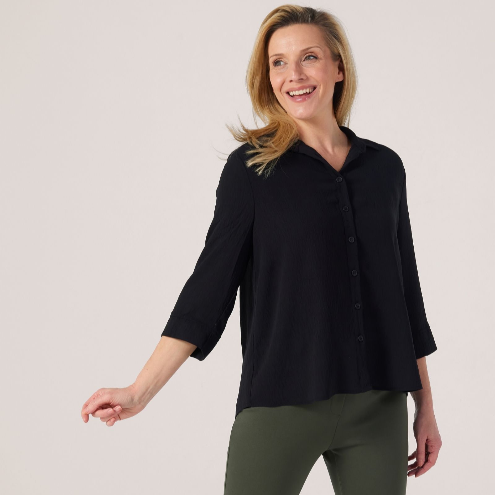 Kim & Co Black Crinkle Poplin 3/4 Sleeve Shirt