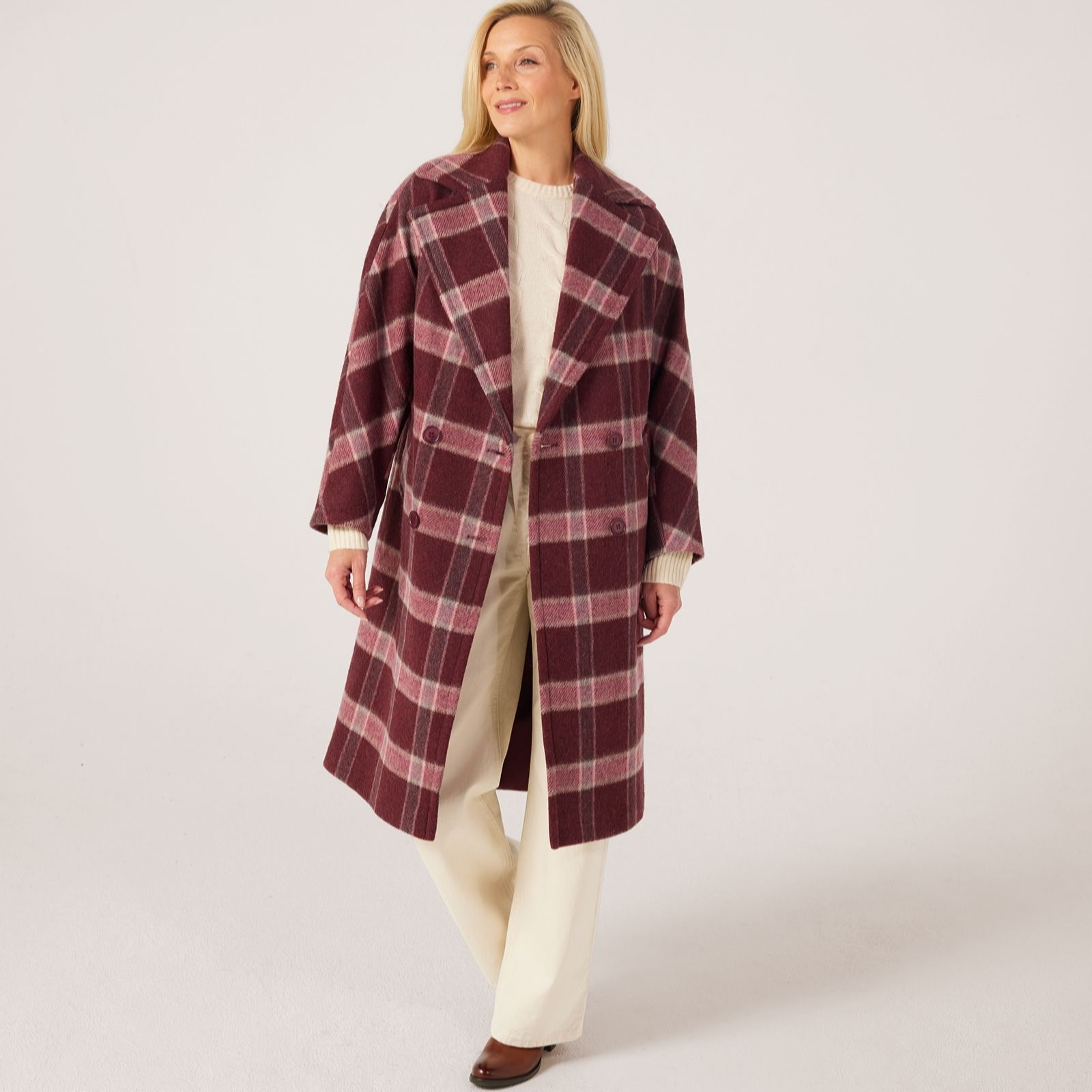 Helene Berman Burgandy Pink Wool-Blend Burgundy And Pink Longline Coat
