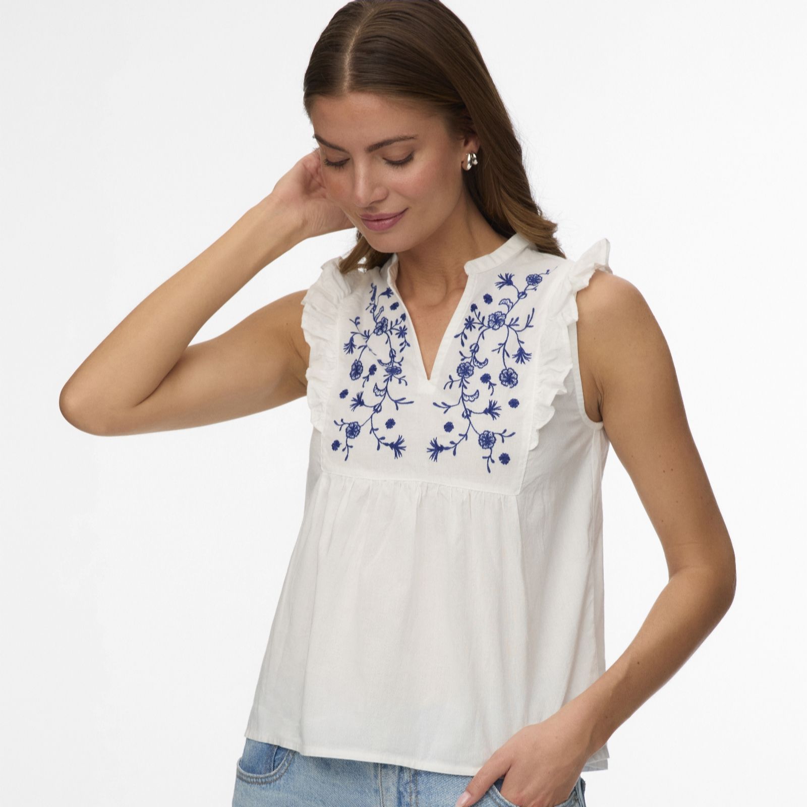 Vero Moda Women's White Hannah Embroidered Frill Sleeve Top